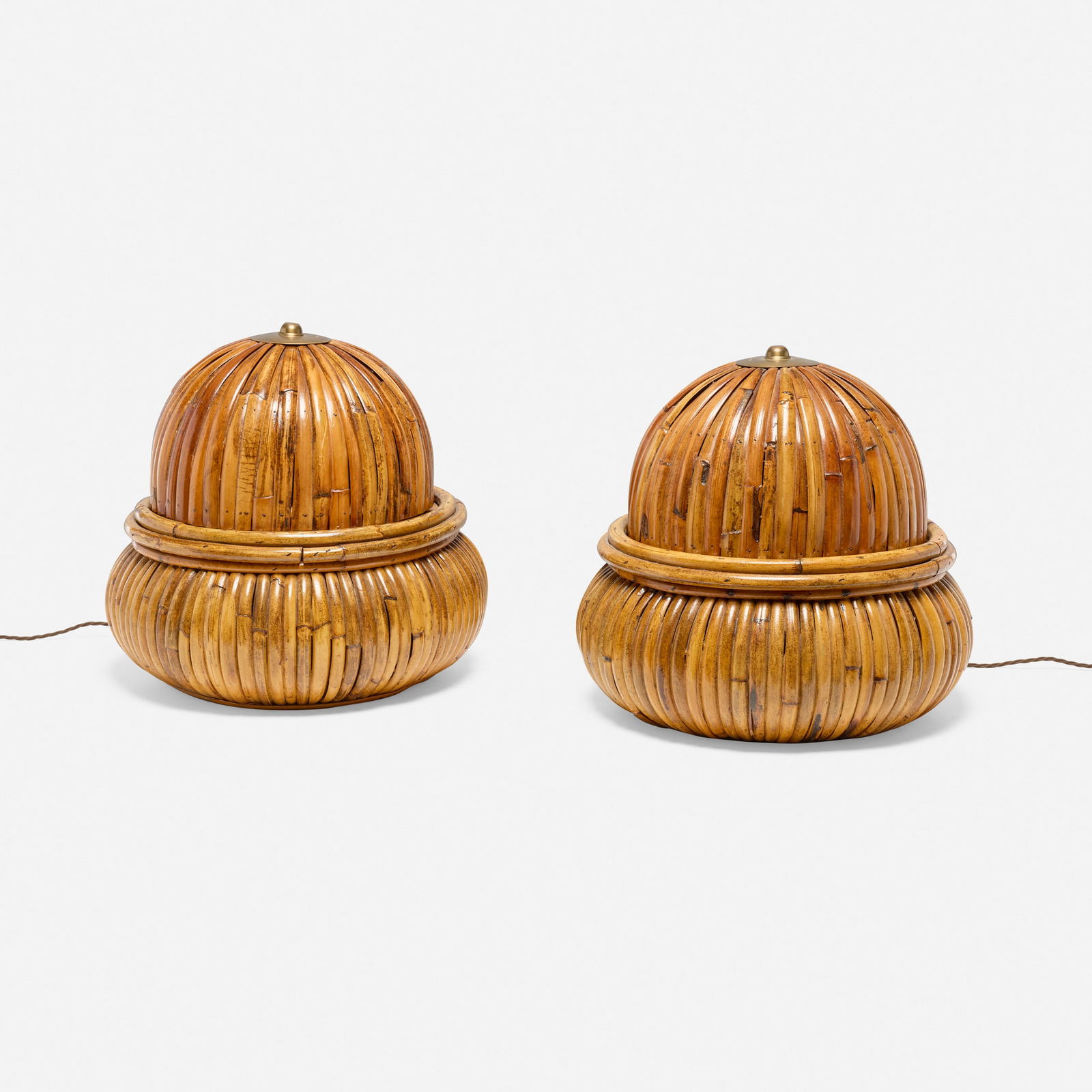 Gabriella Crespi, Lanterns, pair: Gabriella Crespi Lanterns, pair Italy, c. 1972lacquered bamboo, brass each: 15.5 h x 16 dia in (39 x 41 cm) Incised signature to cap of each example 'Gabriella Crespi'. This work has been revi