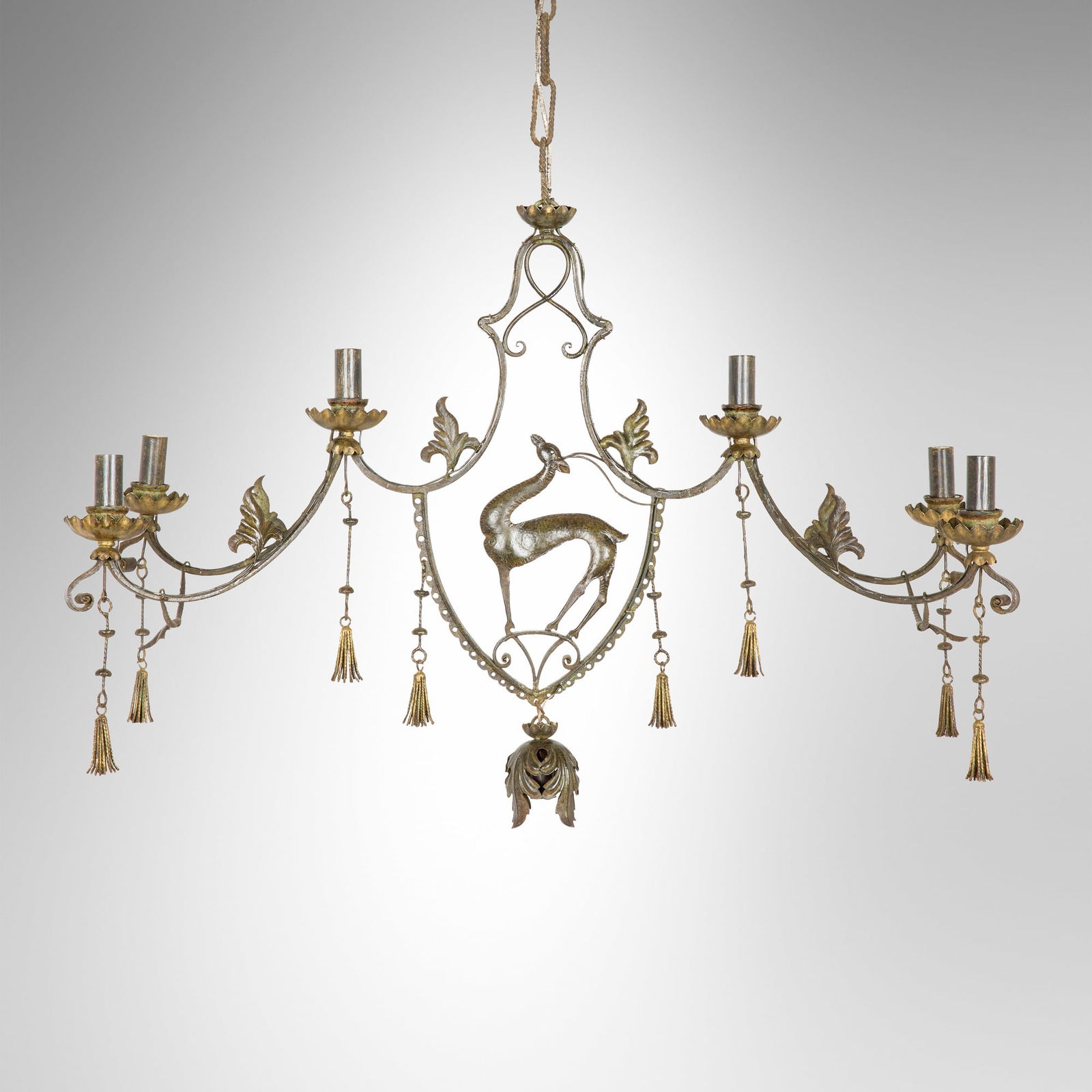 Carlo Rizzarda, Chandelier: Carlo Rizzarda Chandelier Italy, c. 1920 wrought iron 48.5 h x 36 w x 13 d in (123 x 91 x 33 cm) Provenance: Important Private Collection, California This work will ship from Los Angeles,