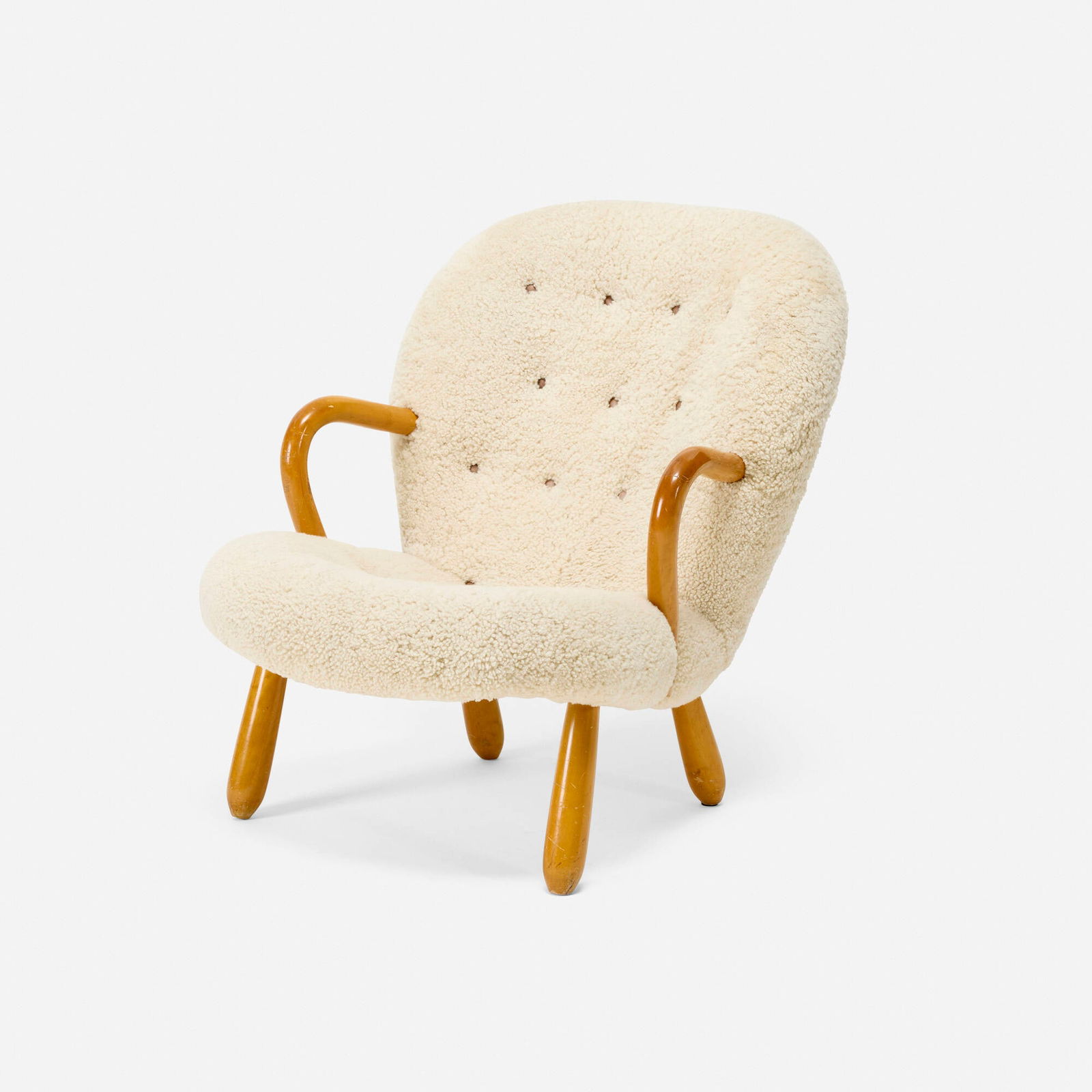 Arnold Madsen, Lounge chair: Arnold Madsen Lounge chair Madsen & Schubel Denmark, 1944 faux sheepskin, beech, leather 32.5 h x 29 w x 33 d in (83 x 74 x 84 cm) Provenance: Important Private Collection, California This work