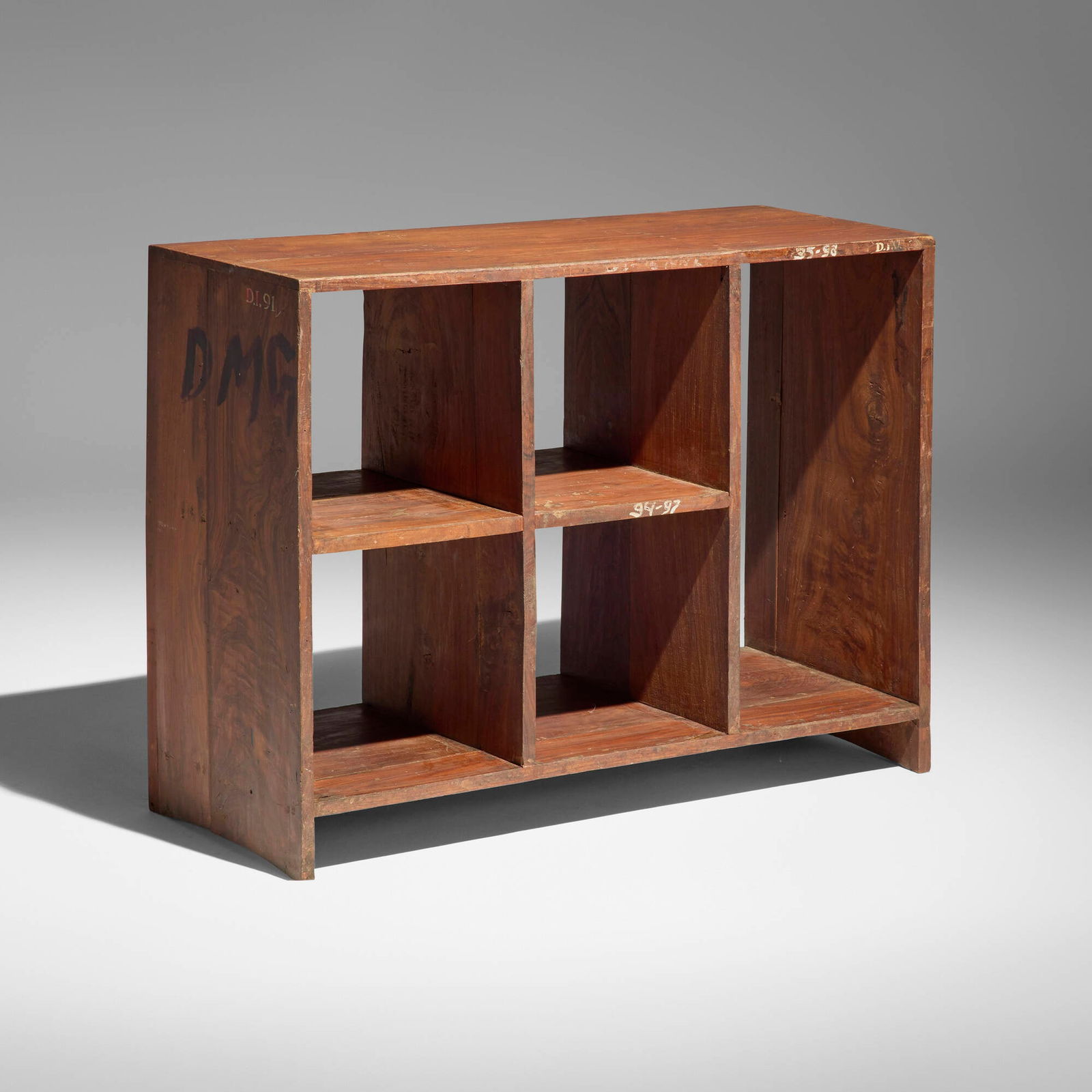 Pierre Jeanneret, File rack from the Administrative Buildings, Chandigarh: Pierre Jeanneret File rack from the Administrative Buildings, Chandigarh France/India, c. 1957 teak 28 h x 36 w x 14.75 d in (71 x 91 x 37 cm) Stencil marks to upper edge and side. Provenance: