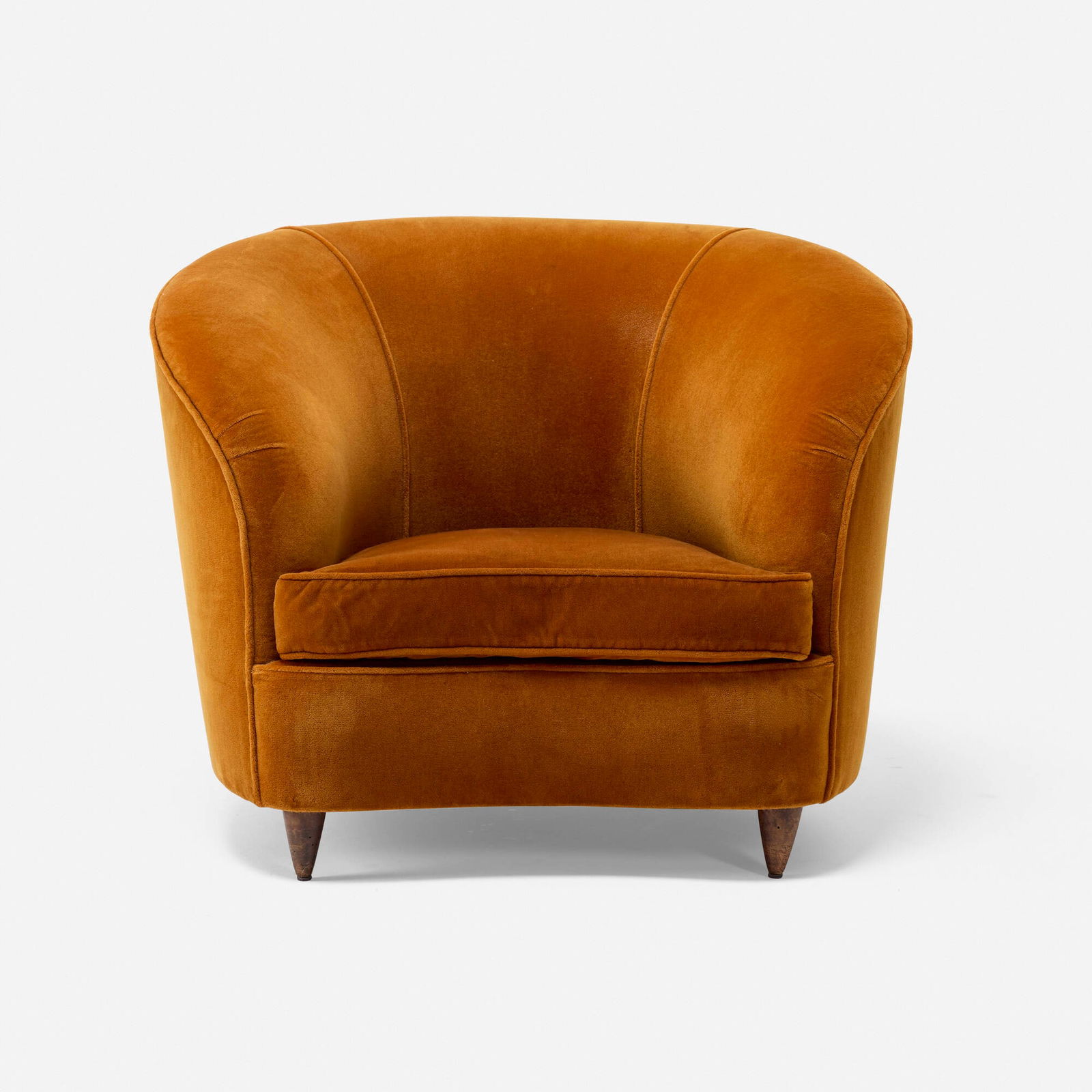 Italian, Club chair: Italian Club chair c. 1955 upholstery, walnut 29 h x 37.5 w x 33 d in (74 x 95 x 84 cm) Provenance: Important Private Collection, California This work will ship from Los Angeles, California.