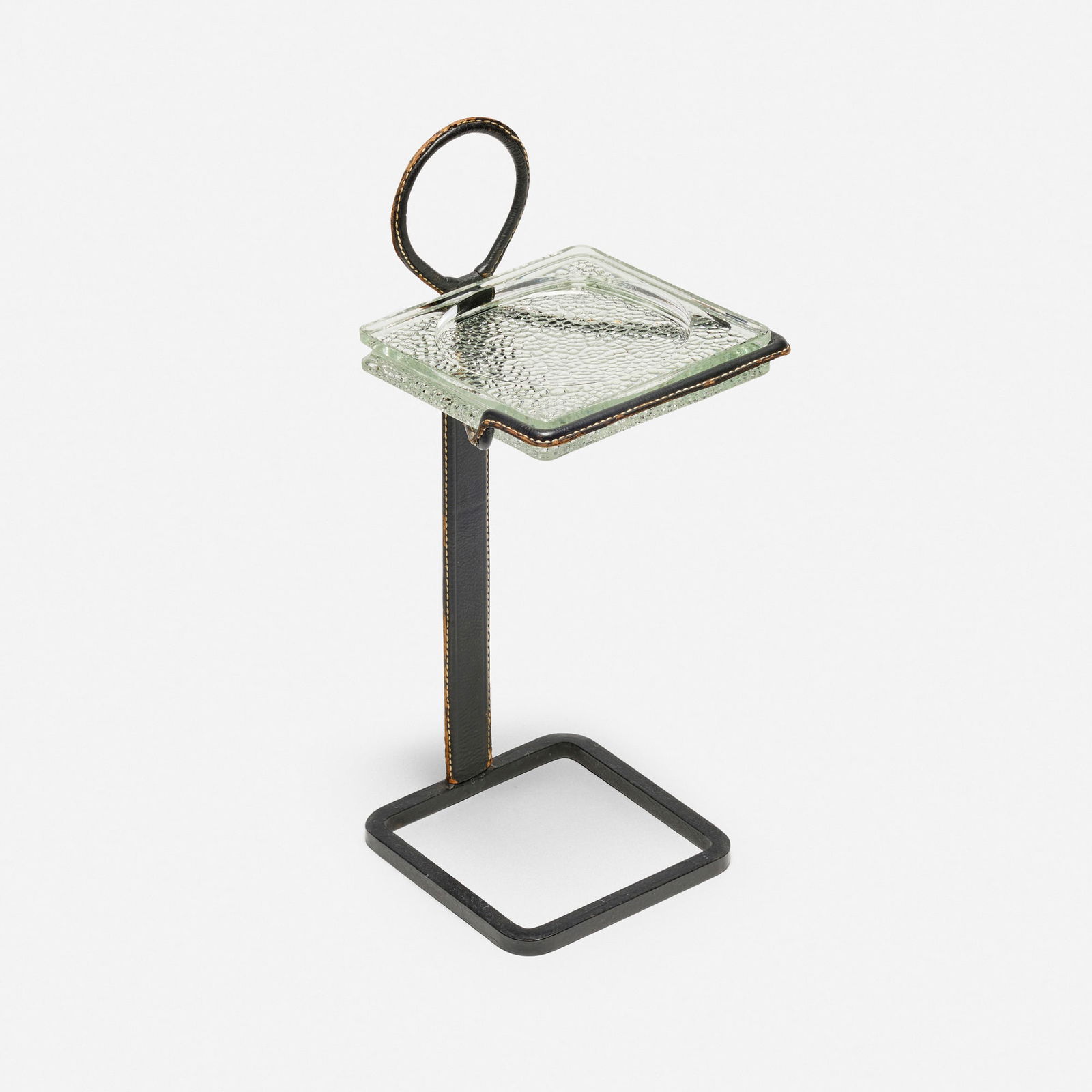 Jacques Adnet, attribution, Ashstand: Jacques Adnet, attribution Ashstand France, c. 1950glass, stitched leather over iron 21.25 h x 8 w x 8 d in (54 x 20 x 20 cm) Provenance: Important Private Collection, Califor