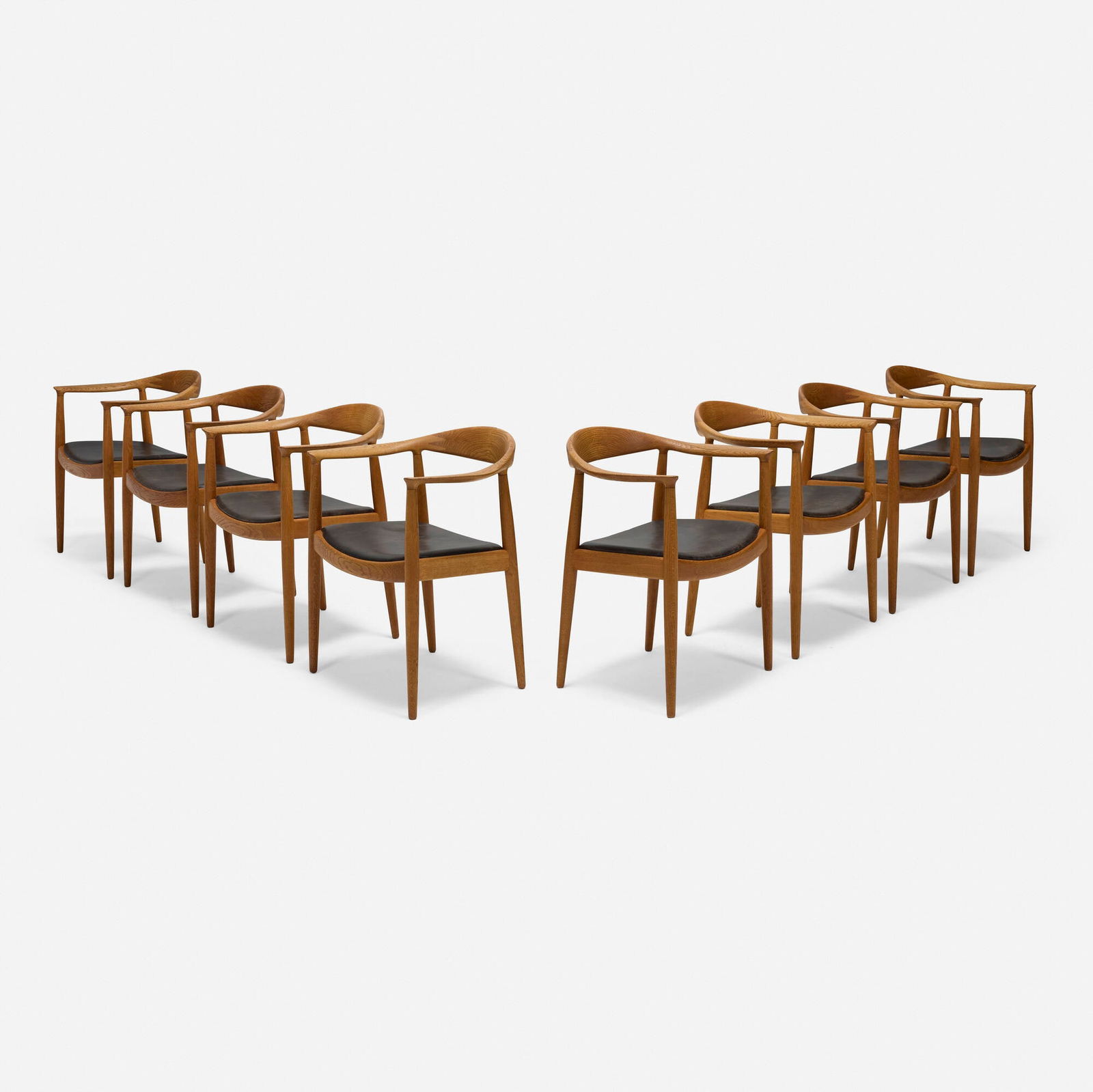 Hans J. Wegner, The Chair model JH051, set of eight: Hans J. Wegner The Chair model JH051, set of eight Johannes Hansen Denmark, 1949 teak, leather each: 29.75 h x 25 w x 18 d in (76 x 63 x 46 cm) Branded manufacturer's mark to underside of each