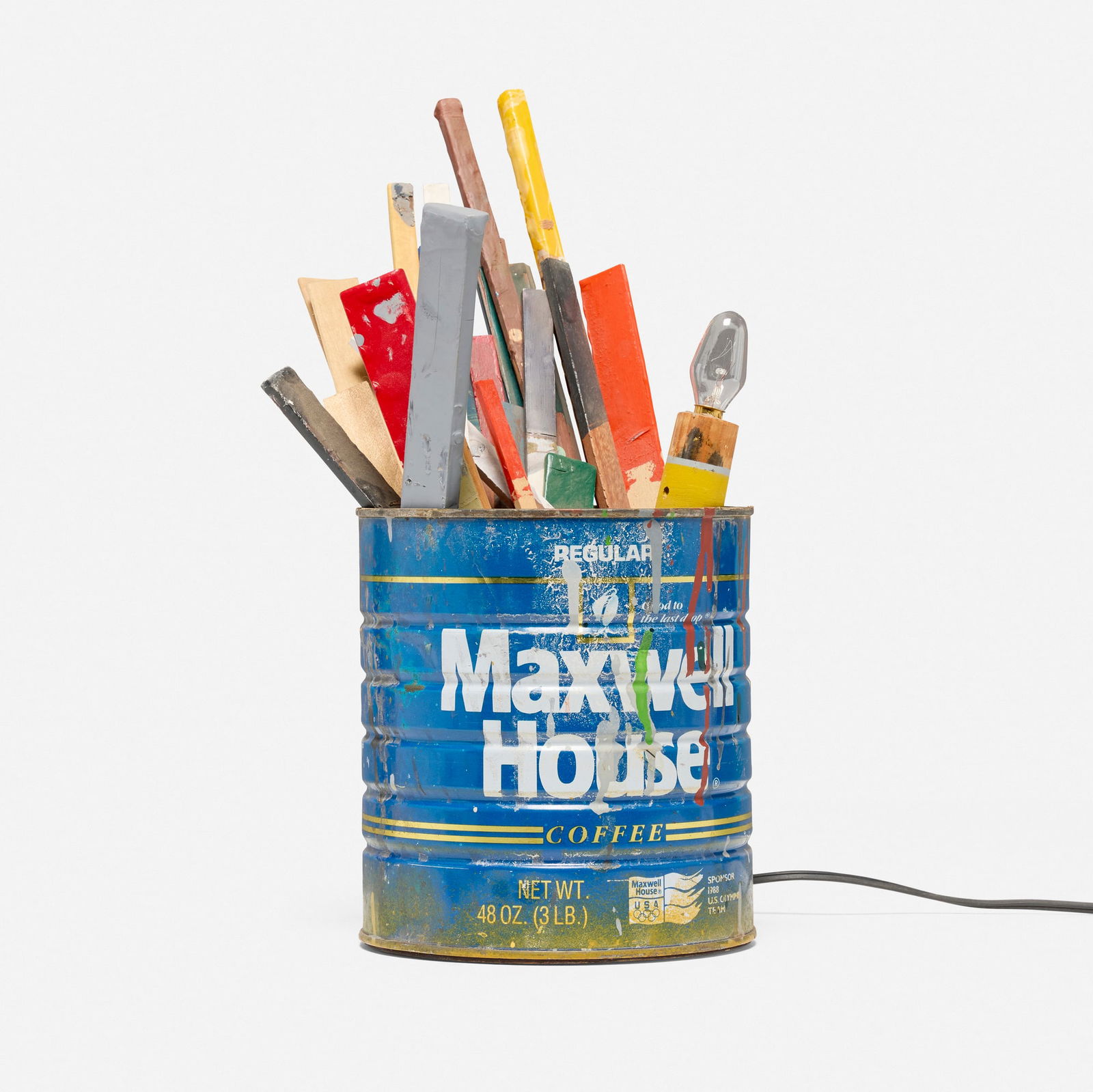 Garry Knox Bennett, Maxwell House table lamp #1048: Garry Knox Bennett Maxwell House table lamp #1048 USA, 2009steel can, paint, wood 13.75 h x 7.5 w x 8 d in (35 x 19 x 20 cm) Lamp features three touch-activated brightness settings. Signed, ti