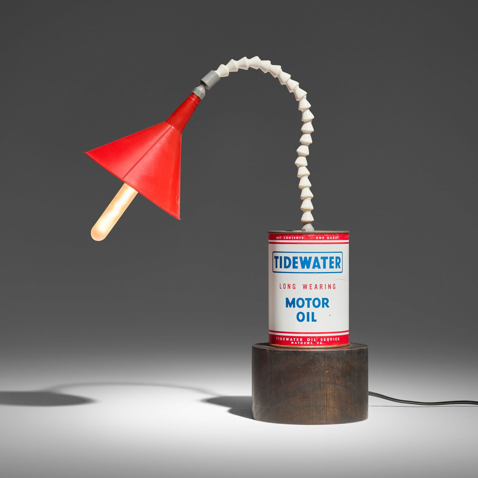 Garry Knox Bennett, Table lamp: Garry Knox Bennett Table lamp USA, 2002oil can, plastic funnel, stained wood 17.5 h x 13 w x 5.25 d in (44 x 33 x 13 cm) Lamp features three touch-activated brightness settings. Signed, dated