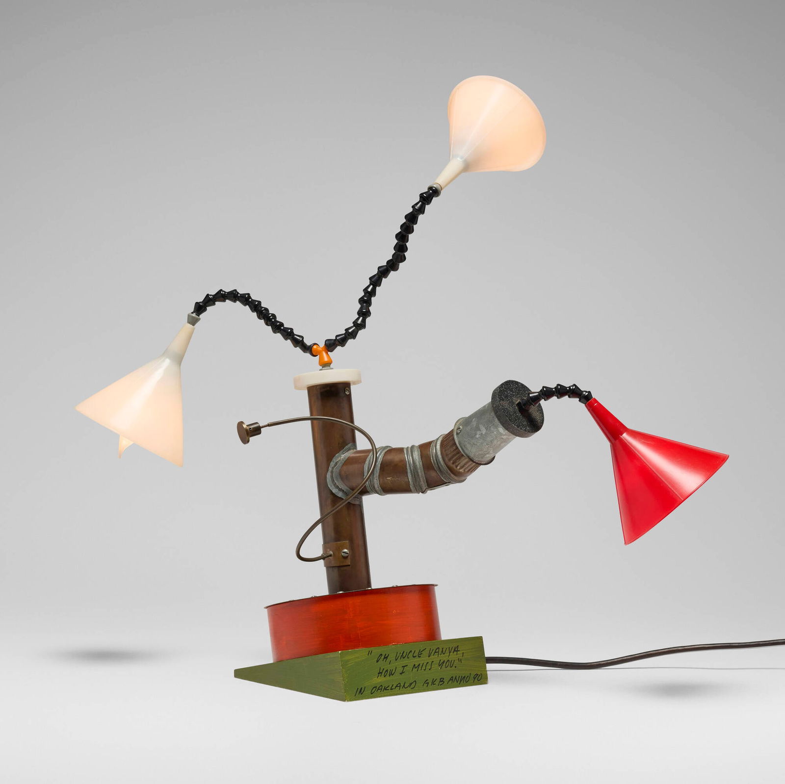 Garry Knox Bennett, Oh, Uncle Vanya, How Much I Miss You table lamp (from the Gypsy Wind series): Garry Knox Bennett Oh, Uncle Vanya, How Much I Miss You table lamp (from the Gypsy Wind series) USA, 1990 plastic, painted wood, steel, copper 28 h x 15 w x 8 d in (71 x 38 x 20 cm) Signed,