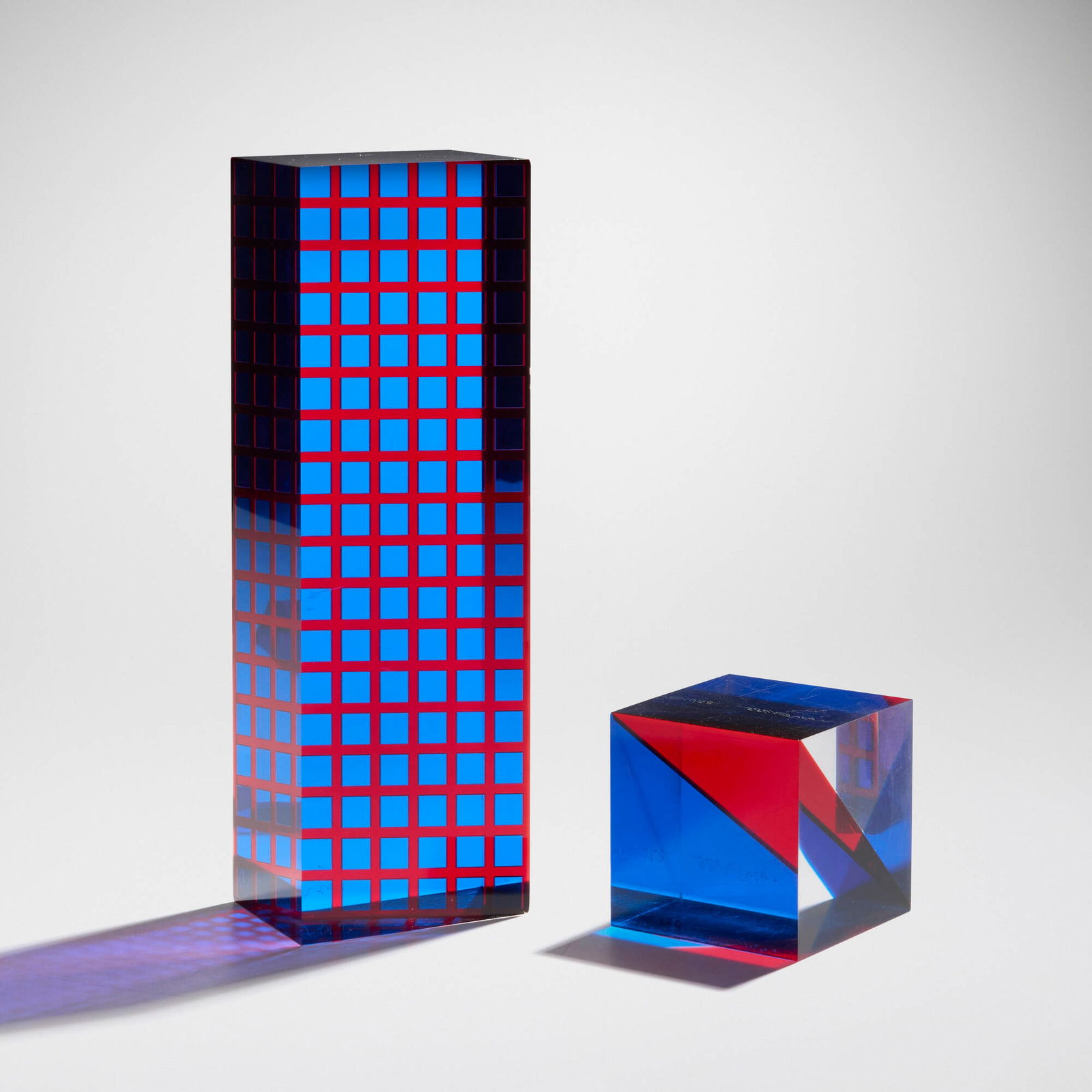 Vasa (Velizar Mihich), Untitled (two works): Vasa (Velizar Mihich) Untitled (two works) 1983, 1985laminated acrylic 9.5 h x 3 w x 2.25 d in (24 x 8 x 6 cm) 2.75 h x 2.75 w x 2.75 d in (7 x 7 x 7 cm) Etched signature and date to taller