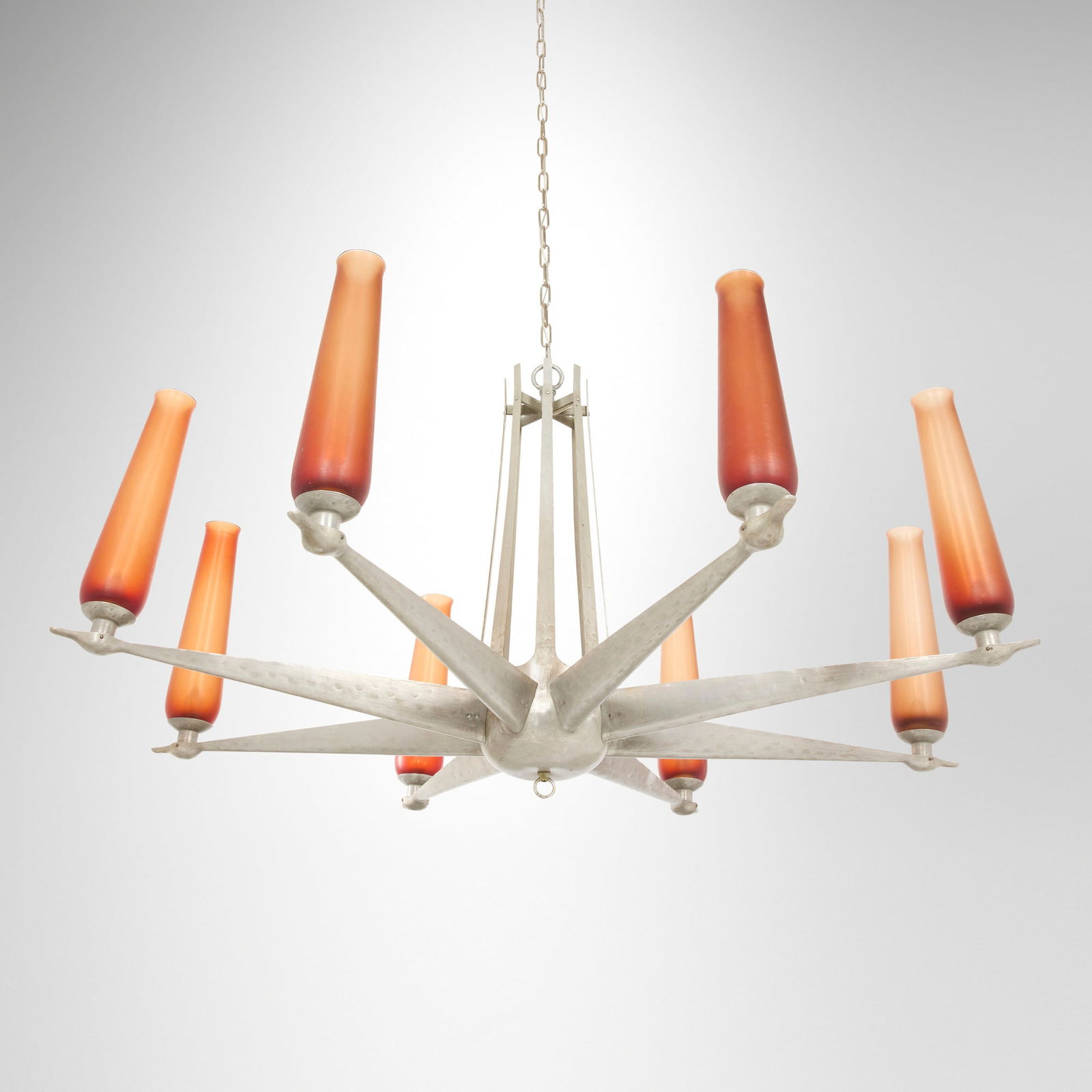 George Pierce and William Parker McFadden, Chandelier from the Petroleum Club of Houston: George Pierce and William Parker McFadden Chandelier from the Petroleum Club of Houston USA, c. 1963 hand-hammered aluminum, Venini wheel-carved glass 32 h x 64 dia in (81 x 163 cm) Provenance: