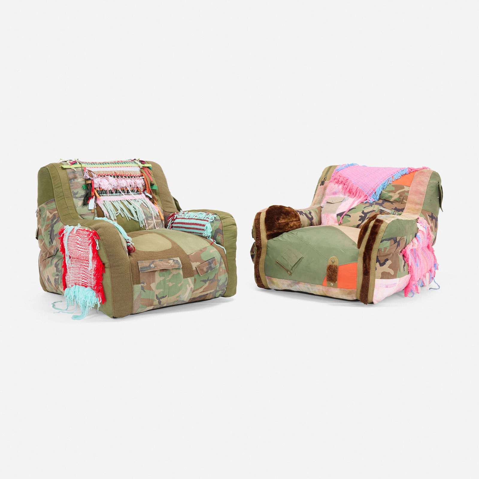 Darren Romanelli, Lounge chairs, set of two: Darren Romanelli Lounge chairs, set of two USA, c. 2022 vintage textiles 31 h x 39 w x 43 d in (79 x 99 x 109 cm) Fabric label to underside of each example 'DRX Romanelli'. Provenance: Private