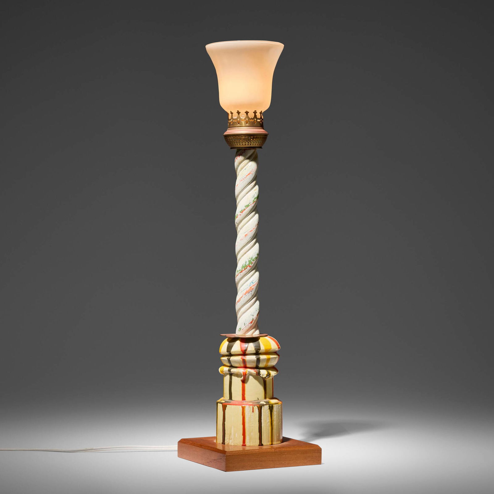 Garry Knox Bennett, Large table lamp: Garry Knox Bennett Large table lamp USA, 2012 glass, copper-plated brass, painted wood, walnut 25 h x 6.5 w x 6.5 d in (63 x 17 x 17 cm) Lamp features three touch-controlled brightness settings.