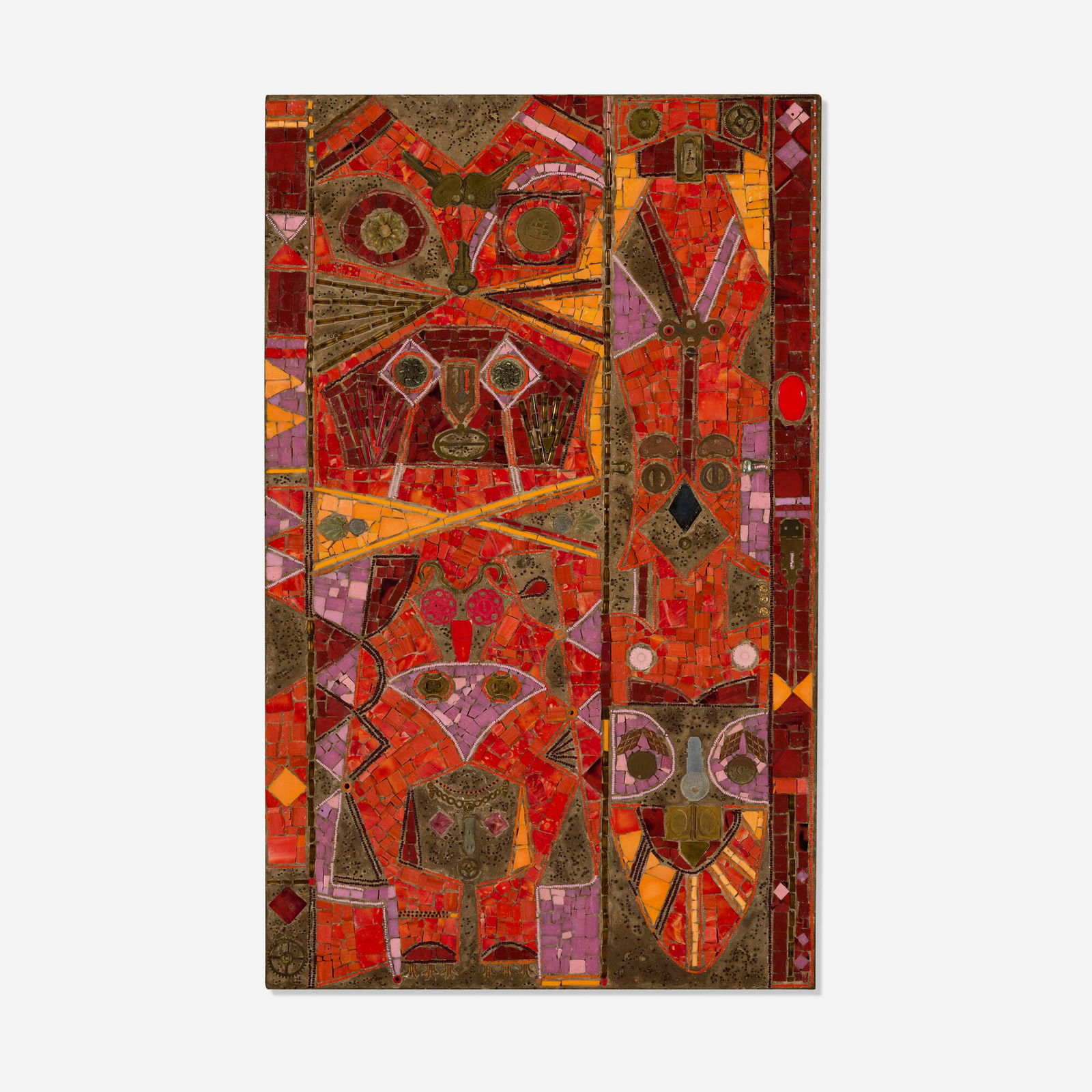 Mary T. Bowling, Totem: Mary T. Bowling Totem beads, glass and found object mosaic 24.5 h x 15.25 w in (62 x 39 cm) Signed and titled to verso 'Totem M. Bowling'. Provenance: Dalzell Hatfield Galleries, Los Angeles |