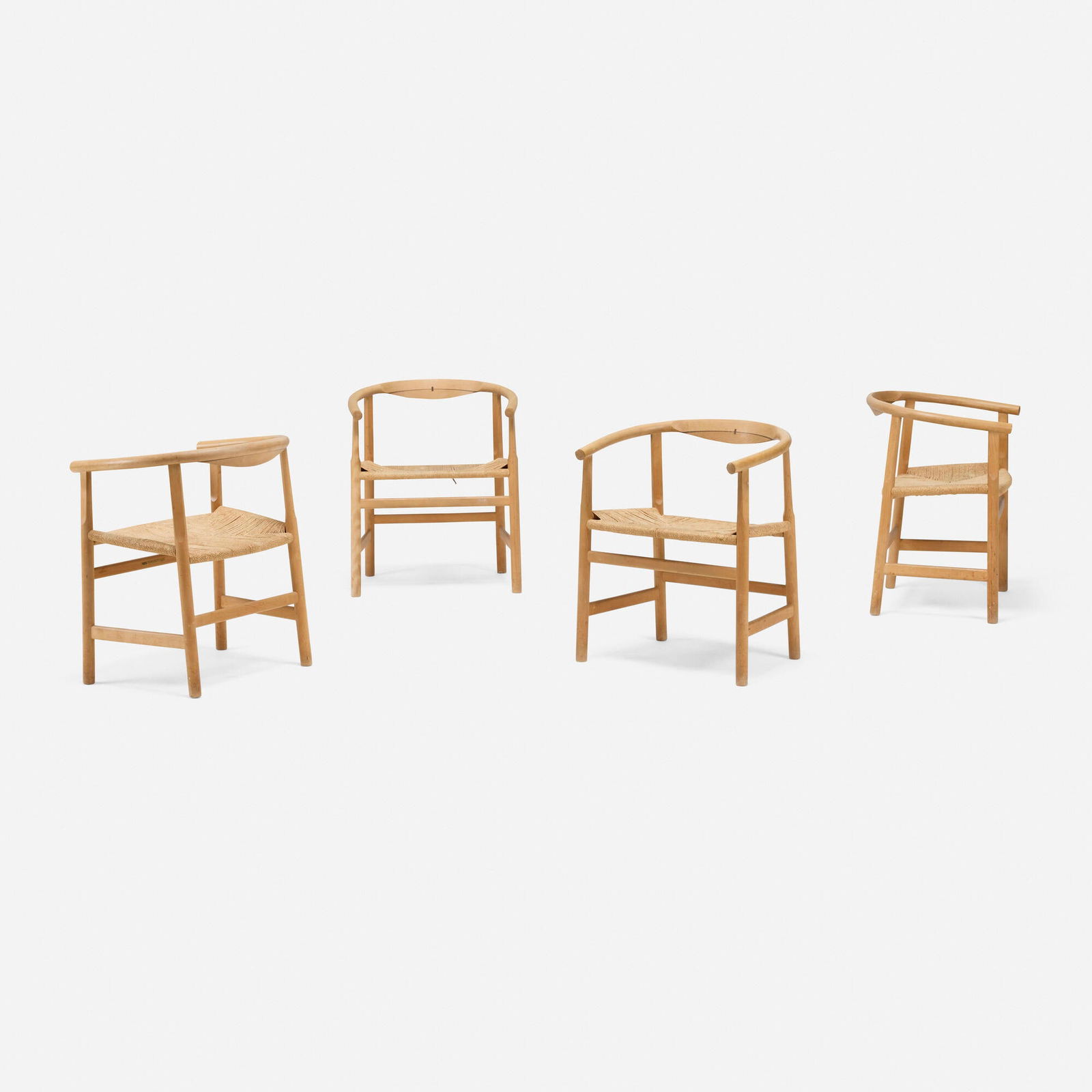 Hans J. Wegner, Chairs model PP201, set of four: Hans J. Wegner Chairs model PP201, set of four PP MoblerDenmark, 1969oak, paper cord, wenge inlay 28 h x 23 w x 19.5 d in (71 x 58 x 50 cm) Decal manufacturer's label to underside of eac