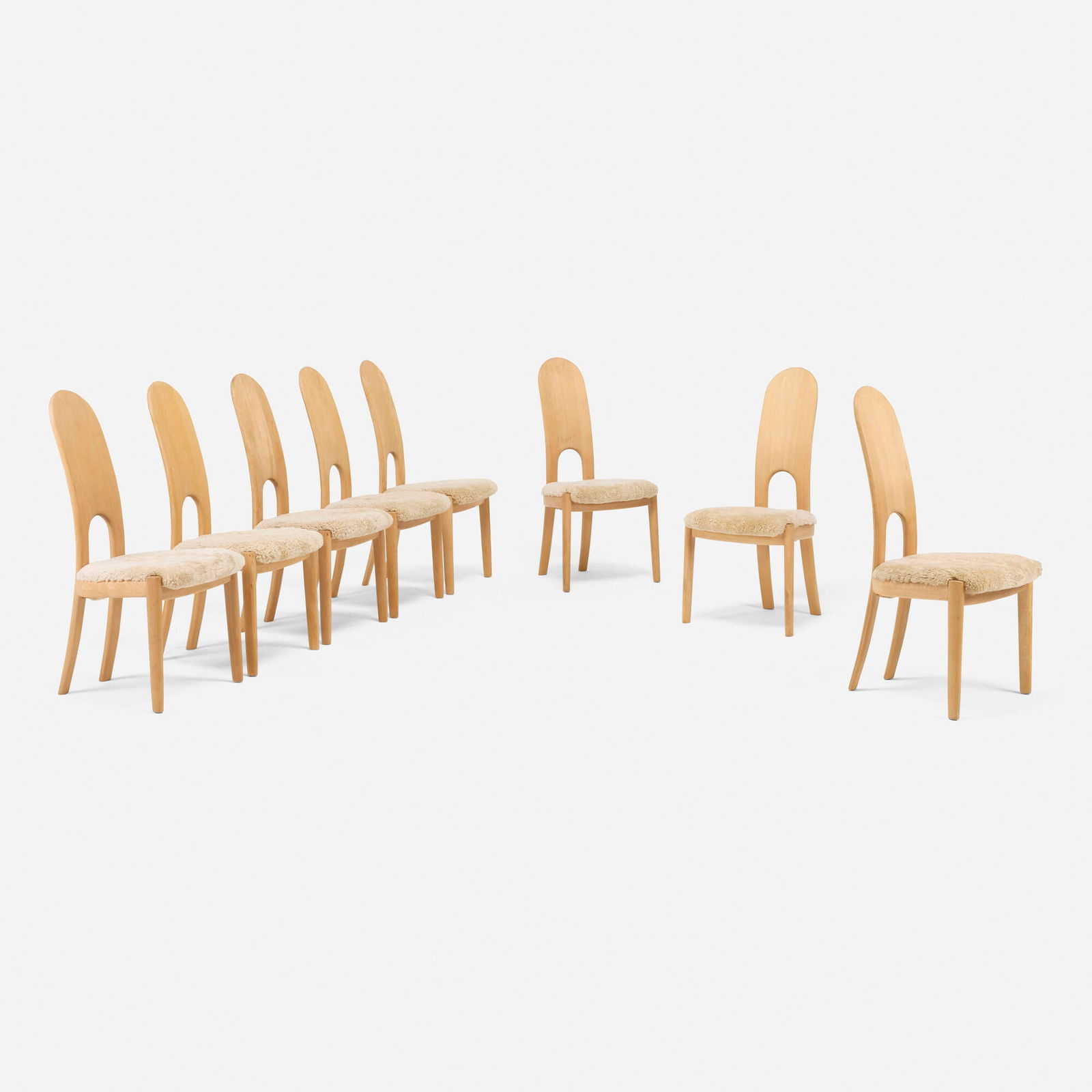 Niels Koefoed, Camilla dining chairs, set of eight: Niels Koefoed Camilla dining chairs, set of eight Koefoeds Mobelfabrik Denmark, c. 1975 pine, sheepskin 41 h x 19 w x 20 d in (104 x 48 x 51 cm) Provenance: Galerie Half, Los Angeles | Private