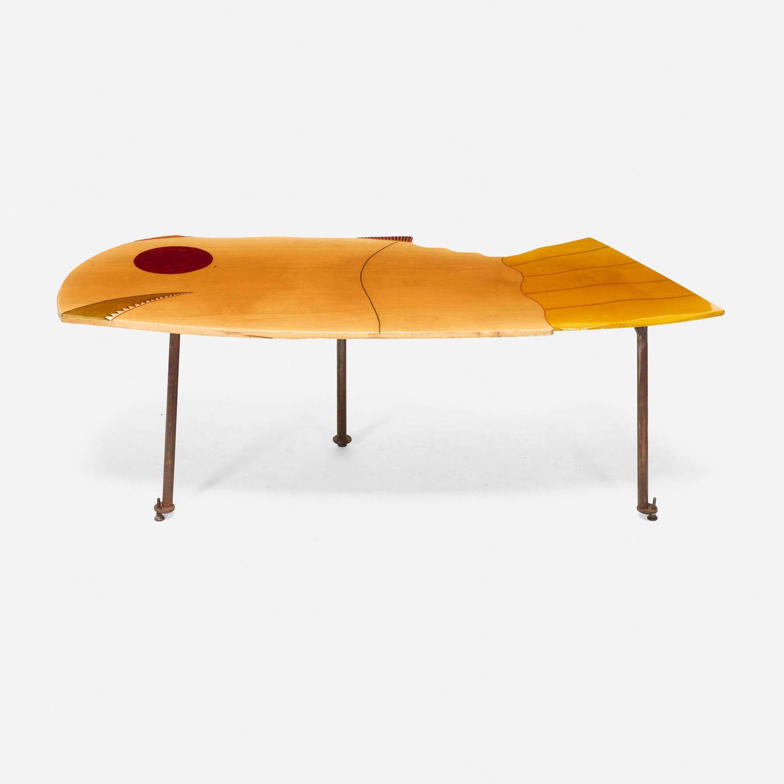 Billy Al Bengston, Canal Club Fish table: Billy Al Bengston Canal Club Fish table USA, 1998 maple, acrylic, wrought iron 27.75 h x 75.25 w x 30 d in (70 x 191 x 76 cm) This work was commissioned for the restaurant The Canal Club in