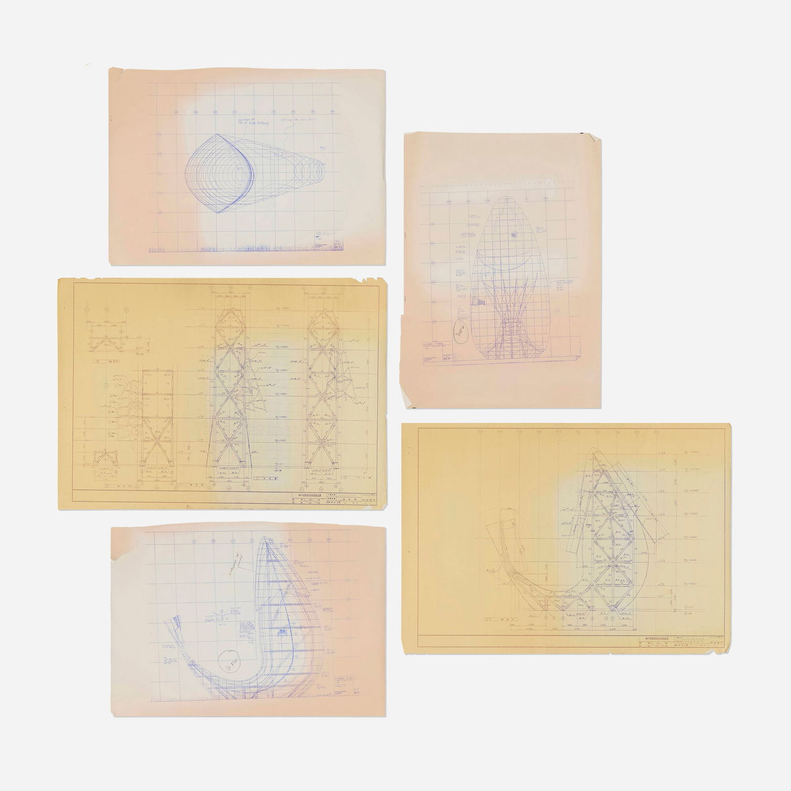 Frank Gehry, Collection of five blueprints for the Fishdance restaurant, Kobe, Japan: Frank Gehry Collection of five blueprints for the Fishdance restaurant, Kobe, Japan Canada/USA, c. 1986-87ink and graphite on paper largest: 33 h x 23.5 w in (84 x 60 cm) smallest: 28 h x 20.375 w