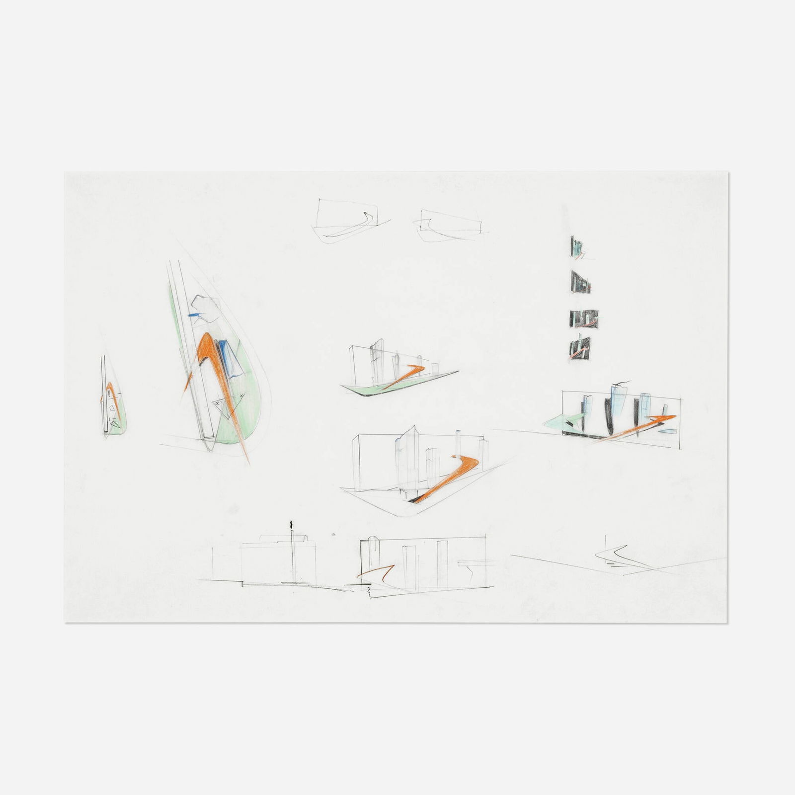 Zaha Hadid Architects, Grand Buildings, Trafalgar Square study drawing: Zaha Hadid Architects Grand Buildings, Trafalgar Square study drawing United Kingdom, 1986pencil and colored pencil on tracing paper 16.5 h x 23.5 w in (42 x 60 cm) This study drawing for the