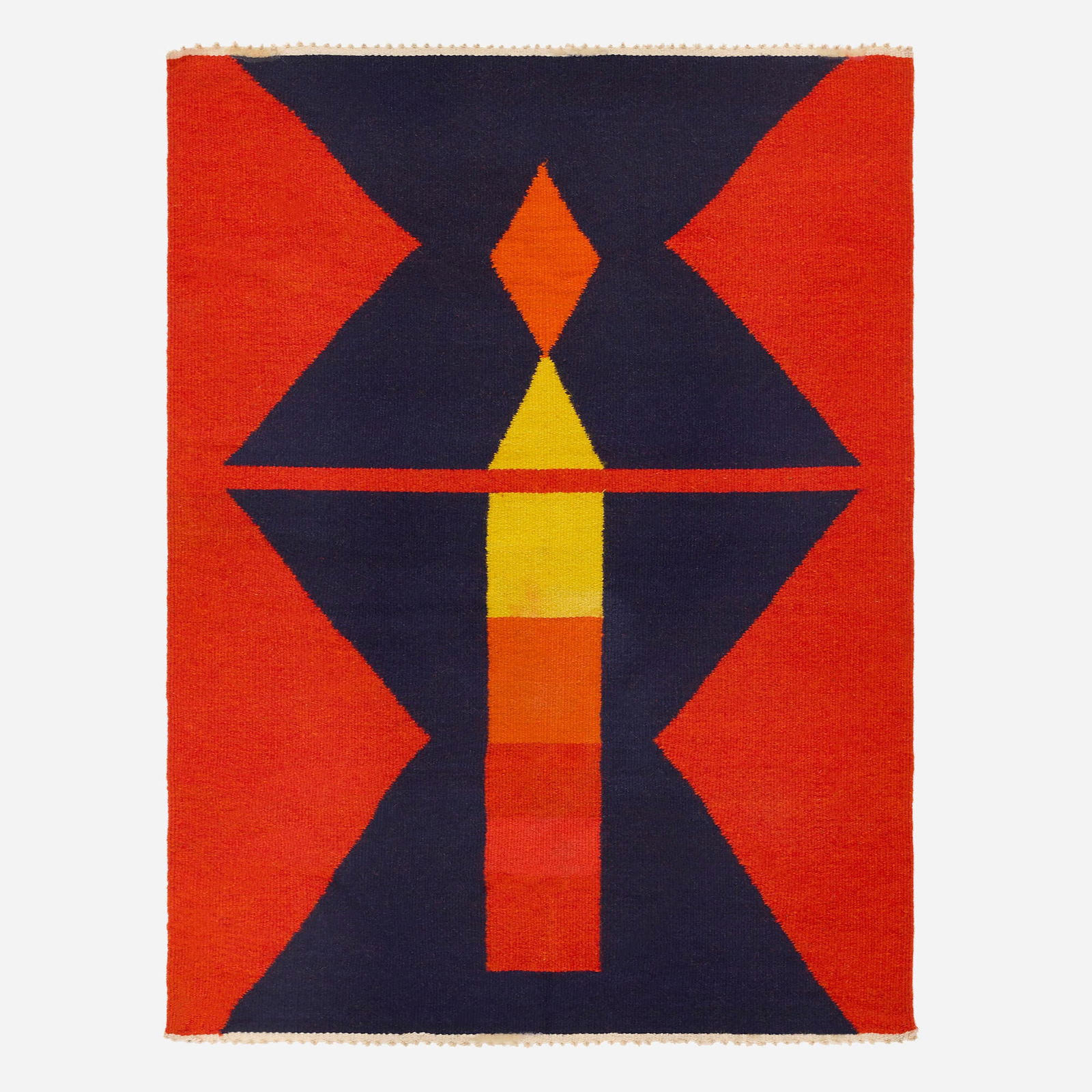 Evelyn Ackerman, Rare Launch Pad tapestry: Evelyn Ackerman Rare Launch Pad tapestry ERA IndustriasUSA, 1970hand-woven wool 48 h x 36 w in (122 x 91 cm) Fabric manufacturer's label to lower right 'Evelyn Ackerman Design Handwoven
