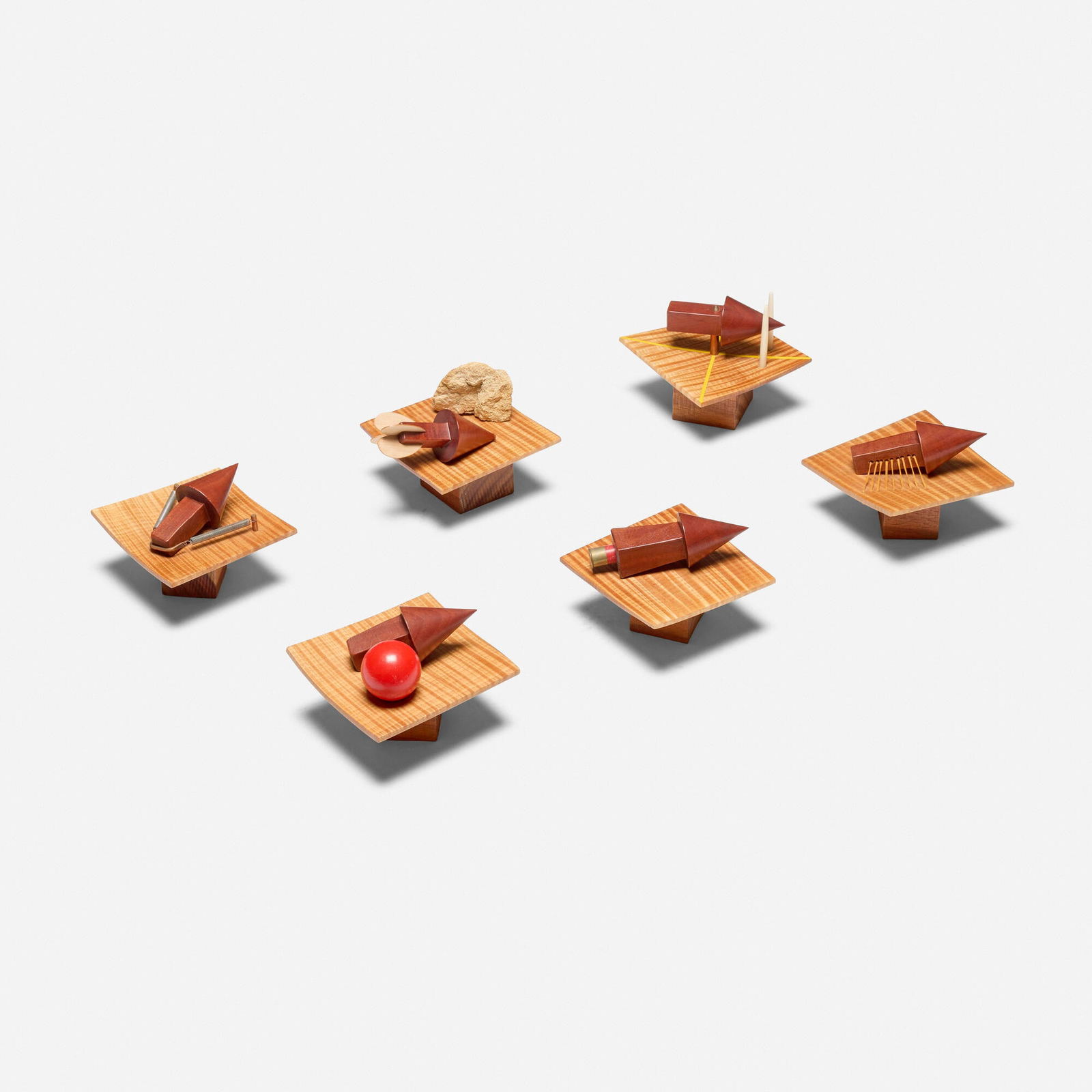 Garry Knox Bennett, Collection of six works from the Twirling Series: Garry Knox Bennett Collection of six works from the Twirling Series USA, 2002maple, walnut, rock, raffia, copper, steel, brass, bone, bullet shell, painted wood largest: 5 h x 7.25 w x 7.25 d in (13