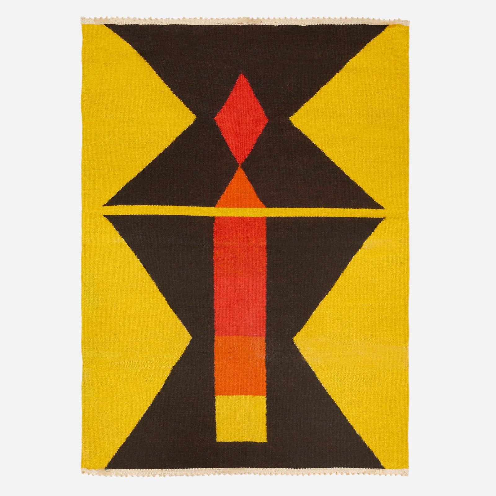 Evelyn Ackerman, Rare Launch Pad tapestry: Evelyn Ackerman Rare Launch Pad tapestry ERA IndustriasUSA, 1970hand-woven wool 48 h x 35 w in (122 x 89 cm) Fabric manufacturer's label to lower right 'Evelyn Ackerman Design Handwoven