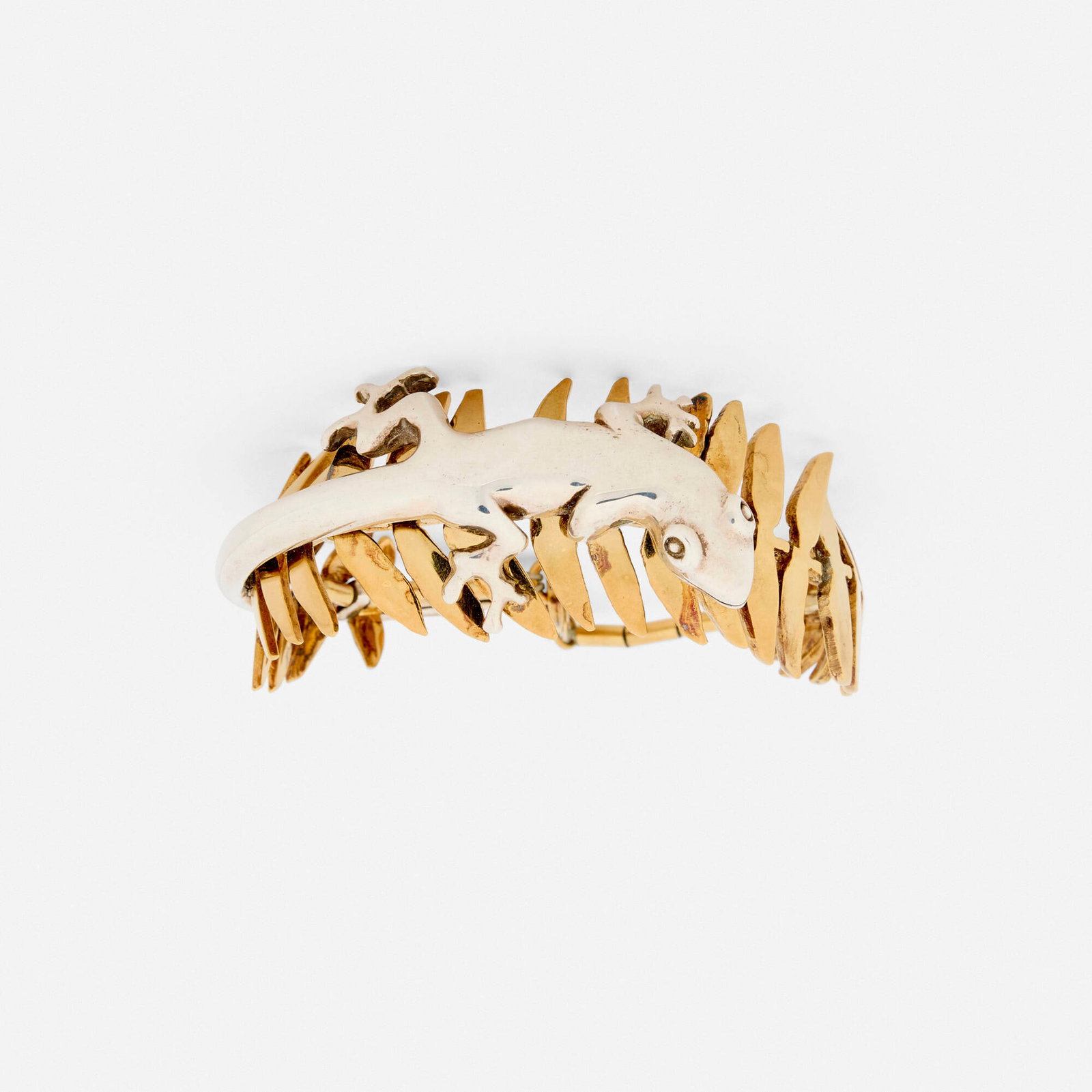Billy Al Bengston, Lizard Leaf bracelet: Billy Al Bengston Lizard Leaf bracelet 198818k yellow gold vermeil sterling silver and sterling silver 0.375 h x 1.125 w x 6 l in (1 x 3 x 15 cm) Impressed signature to lizard 'B.A.B ?'. Numbe