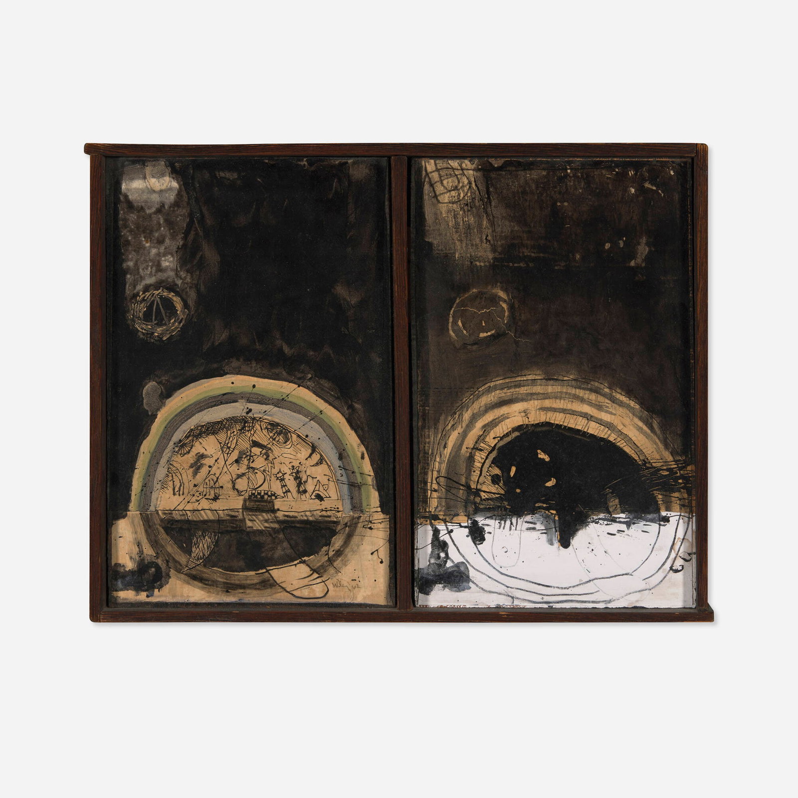 William T. Wiley, No. 8: William T. Wiley No. 8 1962mixed media collage on paper mounted to wood panel in artist's frame 11.625 h x 15 w x 1.75 d in (30 x 38 x 4 cm) Signed and dated to lower right of left panel 'Wile