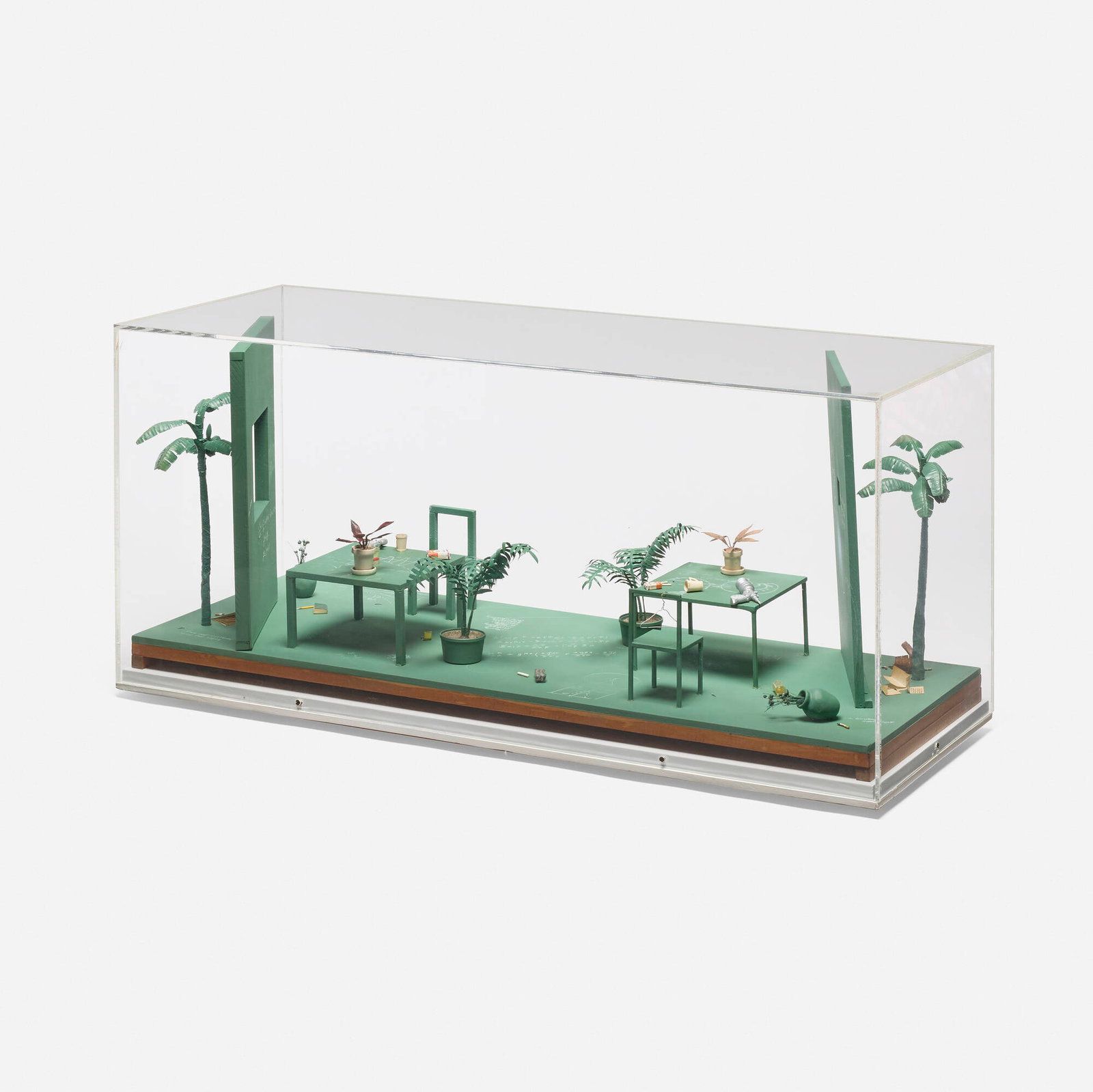 Roland Reiss, The Gravity Observations: I Keep Wondering: Roland Reiss The Gravity Observations: I Keep Wondering 1976mixed media diorama in Plexiglas case 14.5 h x 30 w x 11.5 d in (37 x 76 x 29 cm) Signed and dated to base 'Roland Reiss 1976'. <