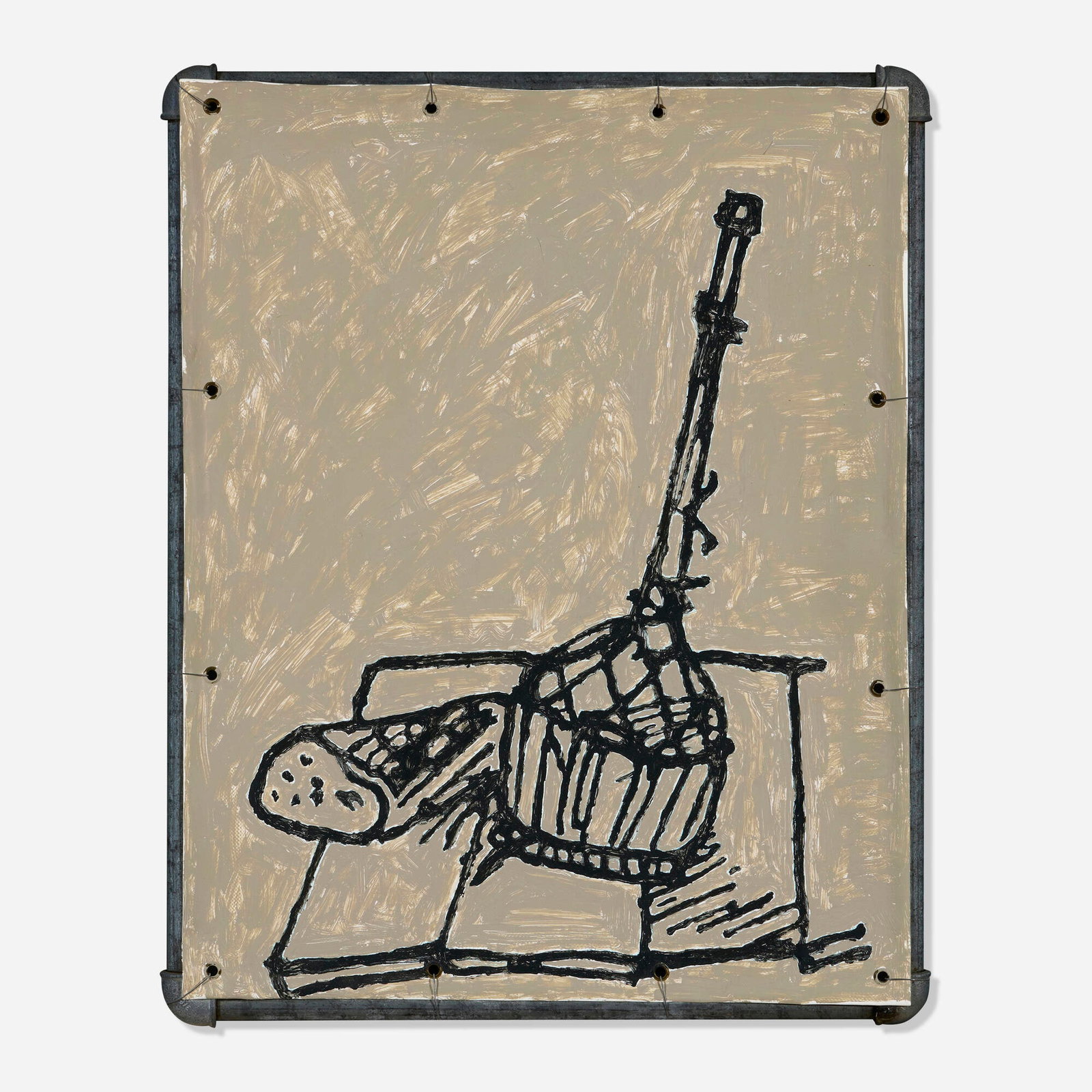 Valentin Carron, Brot und Wein: Valentin Carron Brot und Wein c. 2014 acrylic on polyester banner and metal ties to metal pipe frame 25.625 h x 20.5 w in (65 x 52 cm) This work will ship from Lambertville, New Jersey.