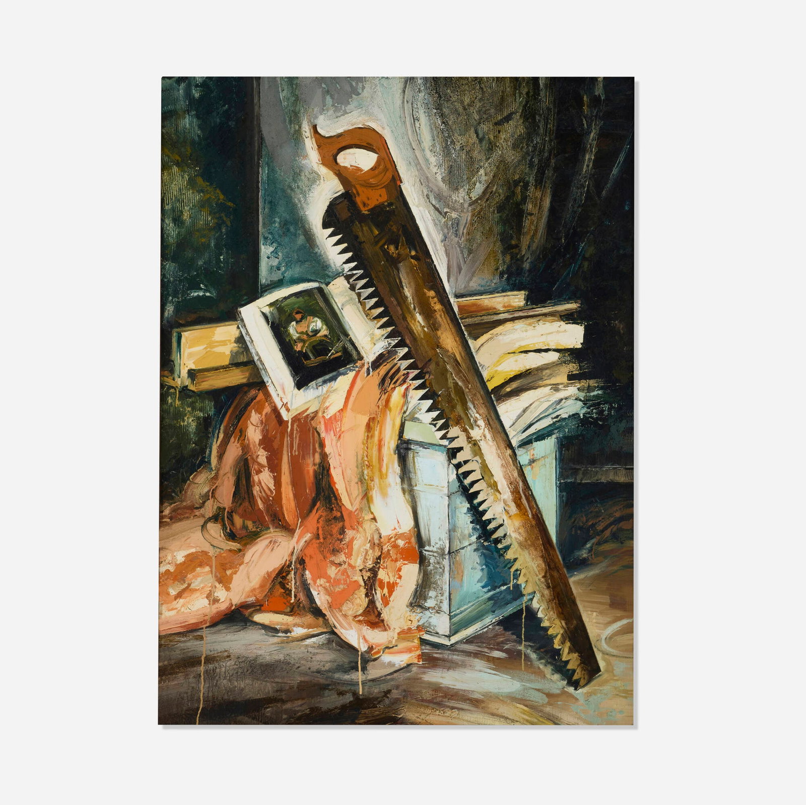 John Monks, The Saw: John Monks The Saw 1993 oil on canvas 50.25 h x 37 w in (128 x 94 cm) Signed and dated to verso 'J. Monks 1993'. This work will ship from Los Angeles, California.