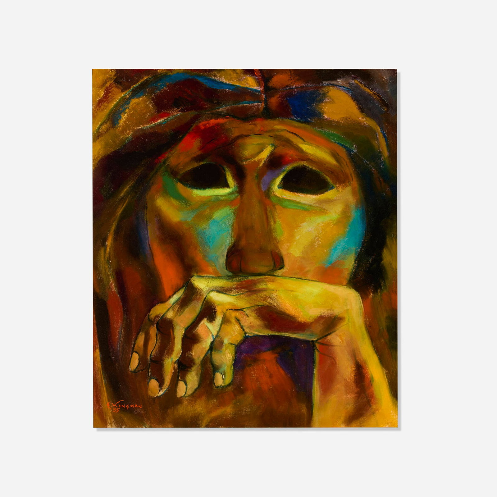 Eduardo Kingman, Rostro: Eduardo Kingman Rostro 1985 oil on canvas 25.5 h x 22 w in (65 x 56 cm) Signed and dated to lower left 'E. Kingman 85'. Signed, titled and dated to verso 'Rostro olea de Eduardo Kingman 1985'. 