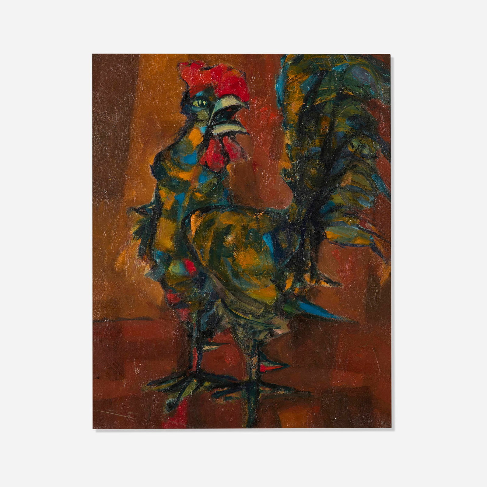 Ernesto Deira, El gallo: Ernesto Deira El gallo 1957 oil on canvas 19.5 h x 16 w in (50 x 41 cm) Signed, titled, and dated to verso 'E. Deira 57 el gallo'. This work will ship from Los Angeles, California.