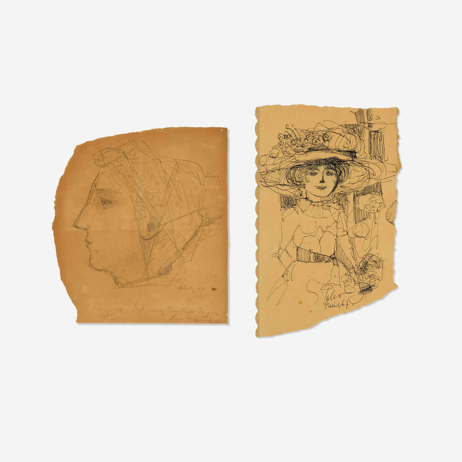 Hector Poleo, Adele Paris; Untitled (two works): Hector Poleo Adele Paris; Untitled (two works) 1949, 1967 graphite on paper; ink on paper 12.625 h x 7.75 w in (32 x 20 cm) 10.625 h x 9.5 w in (27 x 24 cm) Signed, dated and inscribed to lower