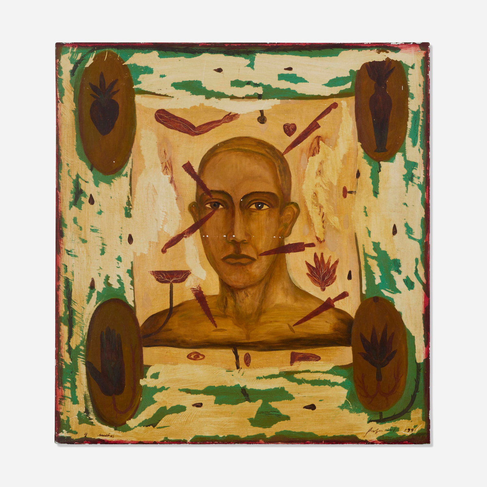 Jamie Palacios, 4 Suenos: Jamie Palacios 4 Suenos 1991 oil on canvas 25.375 h x 23.625 w in (64 x 60 cm) Signed, titled and dated to lower edge '4 Suenos Palacios 1991'. Provenance: Carla Stellweg Gallery, New