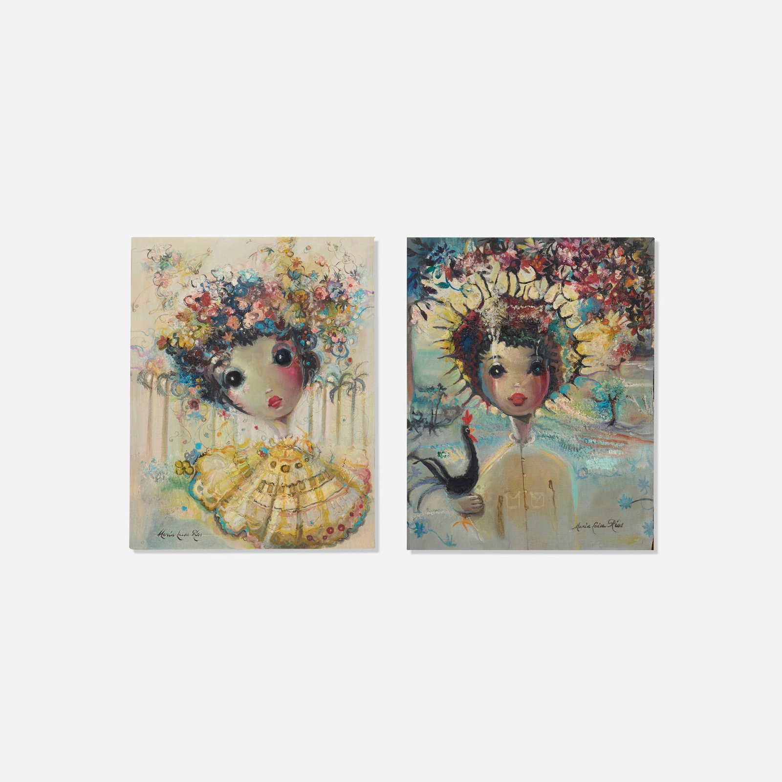 Maria Luisa Rios, Untitled (two works): Maria Luisa Rios Untitled (two works) oil on paper laid to board sight - both: 9.5 h x 7.5 w in (24 x 19 cm) Signed to lower right of one work 'Maria Luisa Rios'. Signed to lower left of