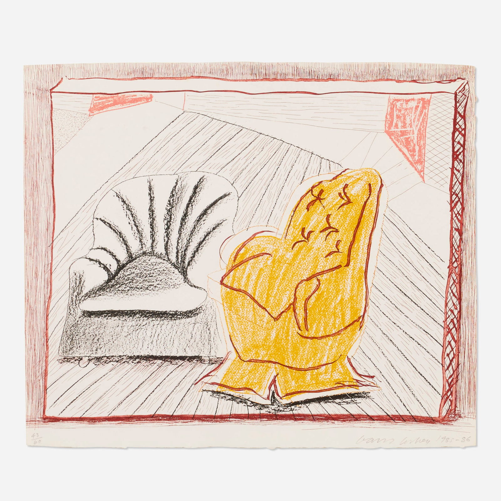 David Hockney, A Picture of Two Chairs: David Hockney A Picture of Two Chairs 1985-86 etching and lithograph in colors image: 18 h x 22 w in (46 x 56 cm) sheet: 18.875 h x 22 w in (48 x 56 cm) Signed, dated, and numbered to lower