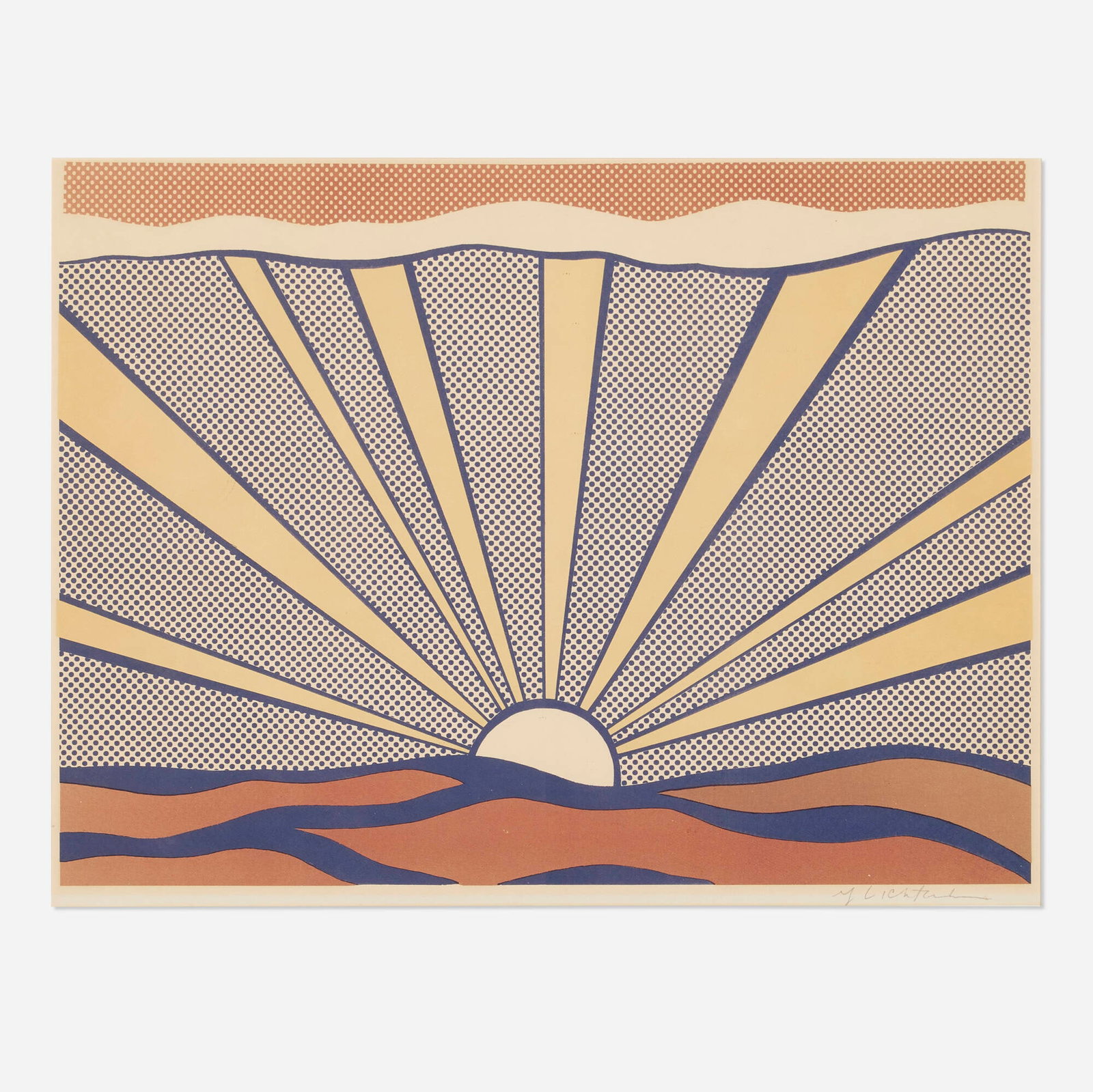 Roy Lichtenstein, Sunrise: Roy Lichtenstein Sunrise 1965 offset lithograph in colors image: 17.25 h x 23.125 w in (44 x 59 cm) sheet: 18.25 h x 24.125 w in (46 x 61 cm) Signed to lower right 'rf Lichetenstein'. This w