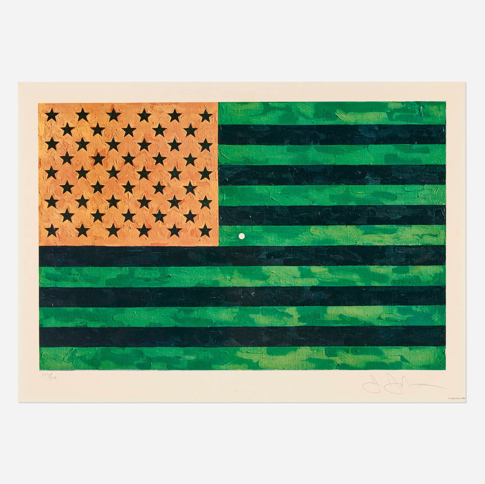 Jasper Johns, Flag (Moratorium): Jasper Johns Flag (Moratorium) 1969 offset lithograph in colors image: 17.125 h x 25.875 w in (43 x 66 cm) sheet: 20.5 h x 28.5 w in (52 x 72 cm) Signed and numbered to lower edge '122/