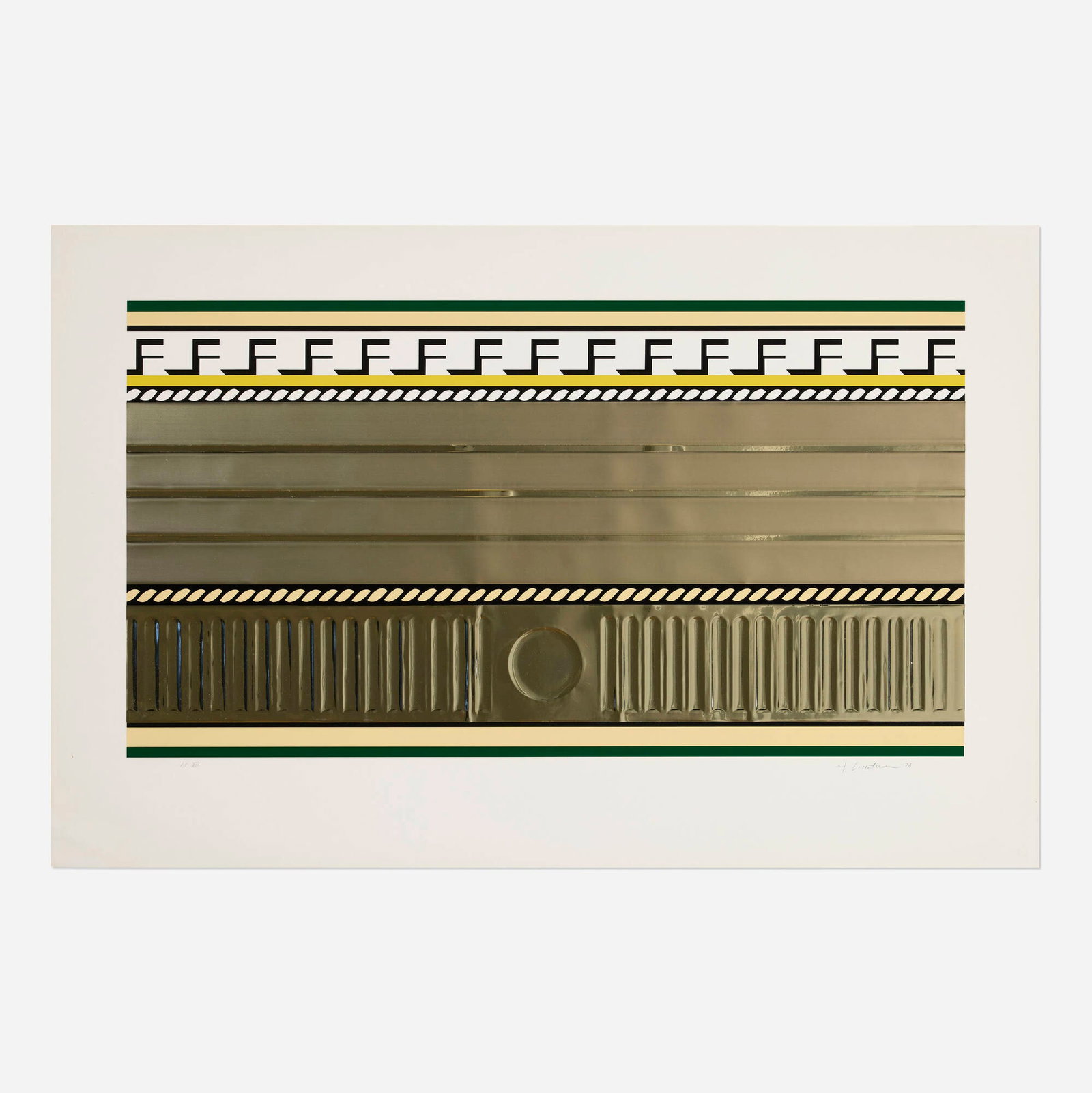 Roy Lichtenstein, Entablature III (from the Entablature series): Roy Lichtenstein Entablature III (from the Entablature series) 1976 screenprint in colors and collage with embossing on BFK Rives image: 20.5 h x 37.875 w in (52 x 96 cm) sheet: 29 h x 44.75 w in (