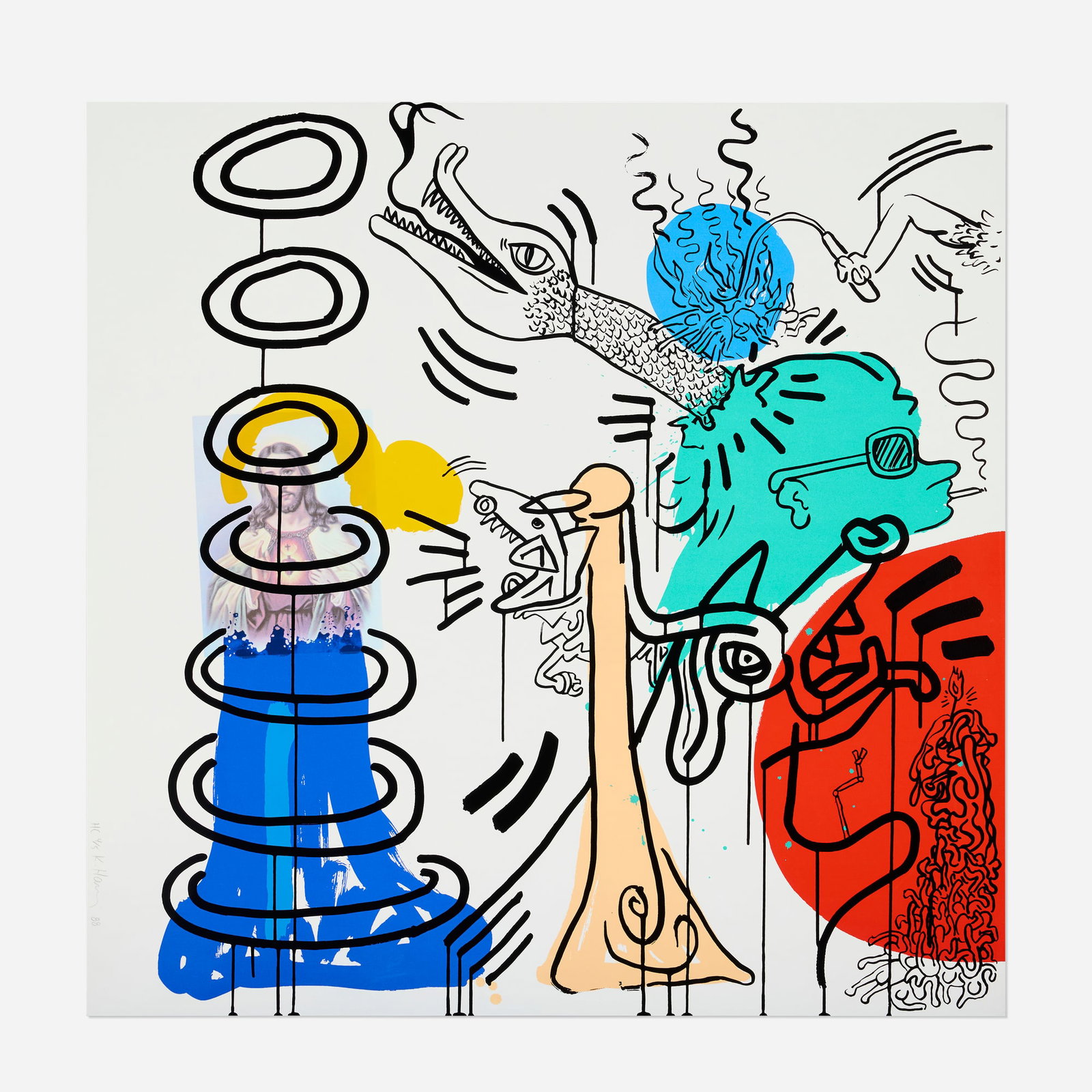 Keith Haring, Apocalypse V: Keith Haring Apocalypse V 1988 screenprint and lithograph in colors on museum board 38 h x 38 w in (97 x 97 cm) Signed, dated, and numbered to left edge 'HC 4/5 Keith Haring 88'. This