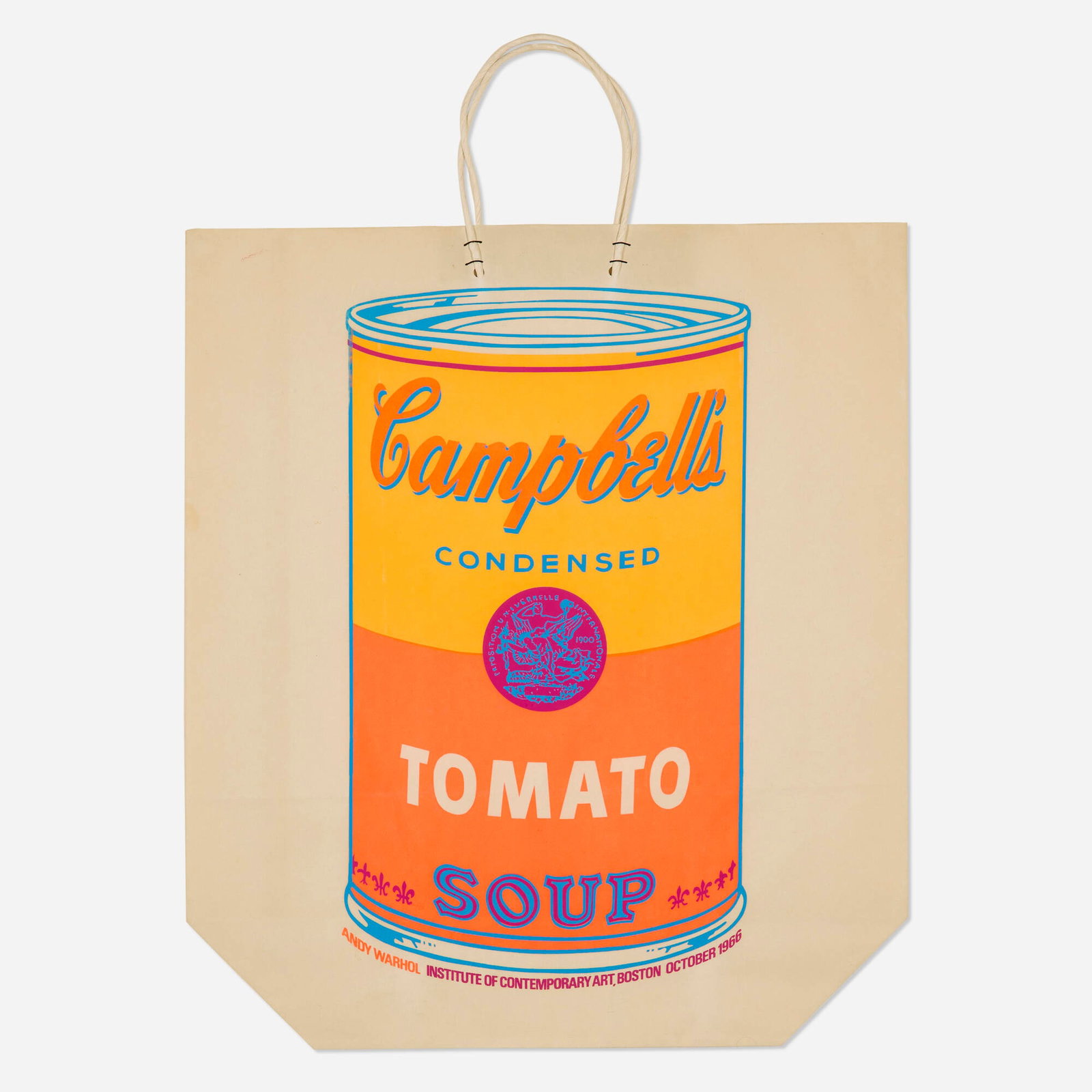 Andy Warhol, Campbell's Soup Can (Tomato): Andy Warhol Campbell's Soup Can (Tomato) 1966 screenprint in colors on paper shopping bag 23.75 h x 17 w in (60 x 43 cm) This work is from the edition of unknown size published for the exhibiti