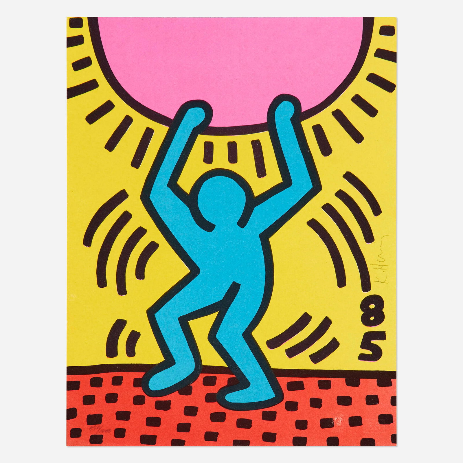 Keith Haring, International Youth Year: Keith Haring International Youth Year 1985 lithograph in colors 11 h x 8.5 w in (28 x 22 cm) Signed to right edge and numbered to the lower left '890/1000 K. Haring' with blindstamps. This work