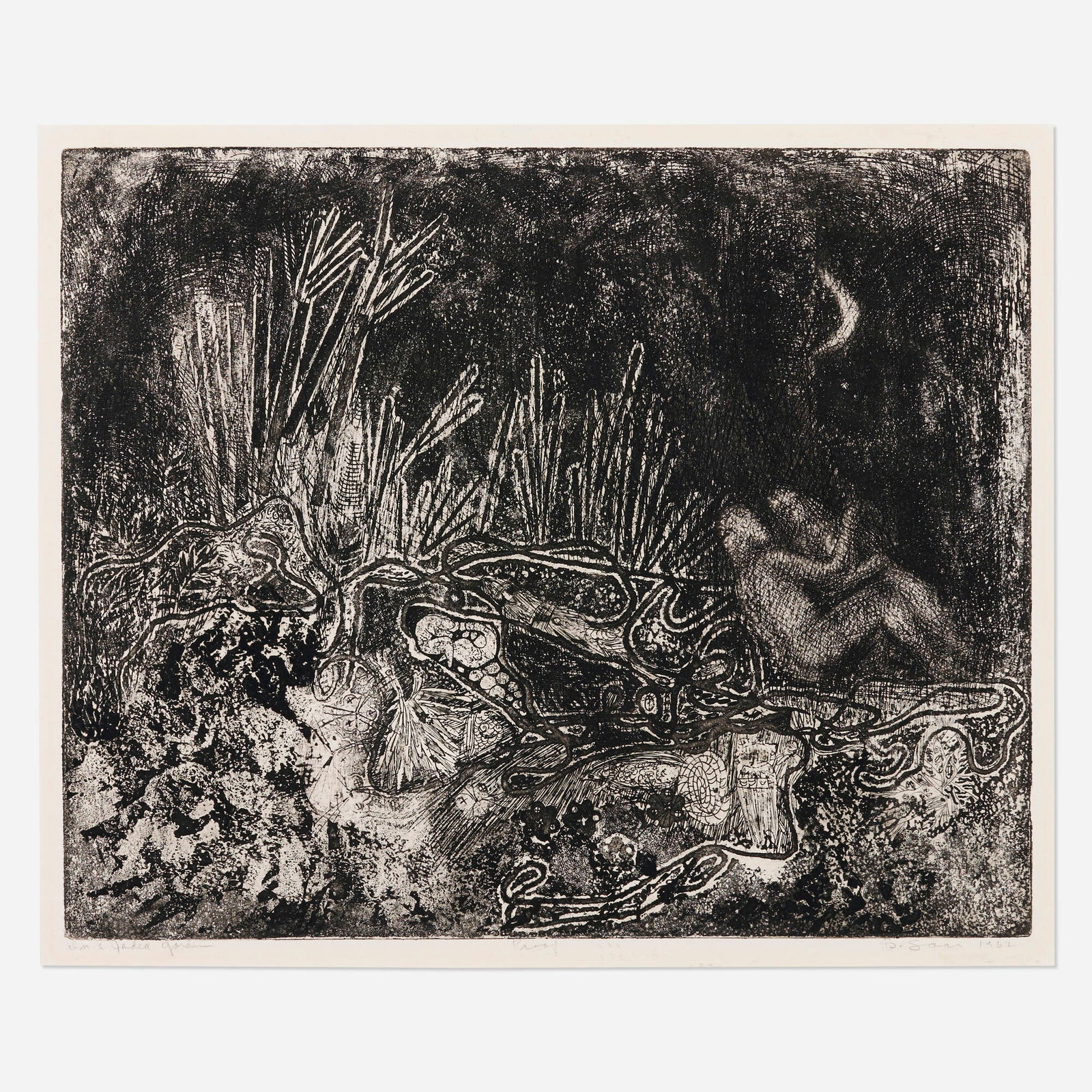 Betye Saar, In a Jaded Garden: Betye Saar In a Jaded Garden 1962 etching image: 12 h x 15 w in (30 x 38 cm) sheet: 14 h x 16.375 w in (36 x 42 cm) Signed, titled, dated, and numbered to lower edge 'In a Jaded Garden Proof B. Saar