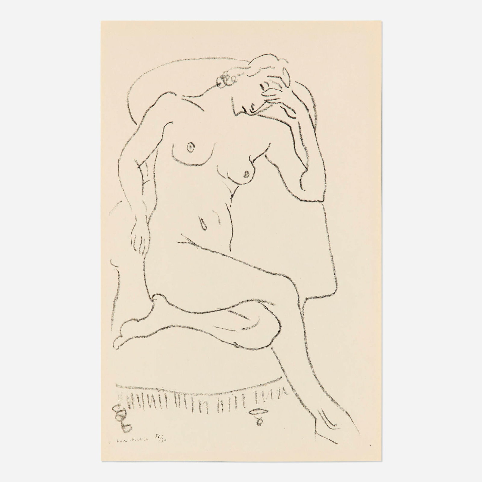 Henri Matisse, Nu assis dans un fauteuil, une jambe repliee: Henri Matisse Nu assis dans un fauteuil, une jambe repliee 1922 lithograph on Japon image: 15.5 h x 10 w in (39 x 25 cm) sheet: 17.25 h x 11.125 w in (44 x 28 cm) Signed and numbered 'Henri