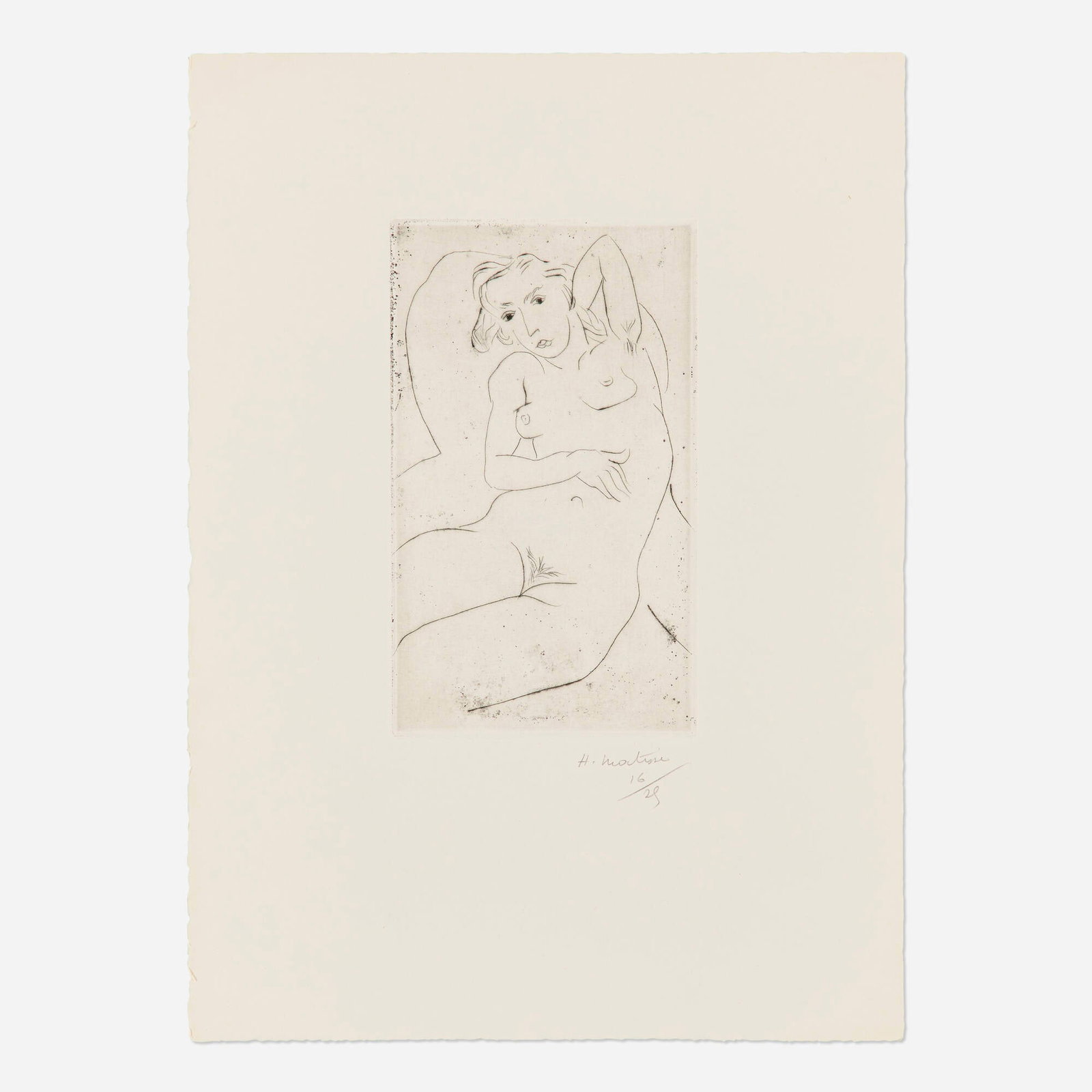Henri Matisse, Nu assis-les yeux noris: Henri Matisse Nu assis-les yeux noris 1926 / 1948 drypoint on wove image: 7.75 h x 4.75 w in (20 x 12 cm) sheet: 15.125 h x 11 w in (38 x 28 cm) Signed and numbered to lower right margin 'H