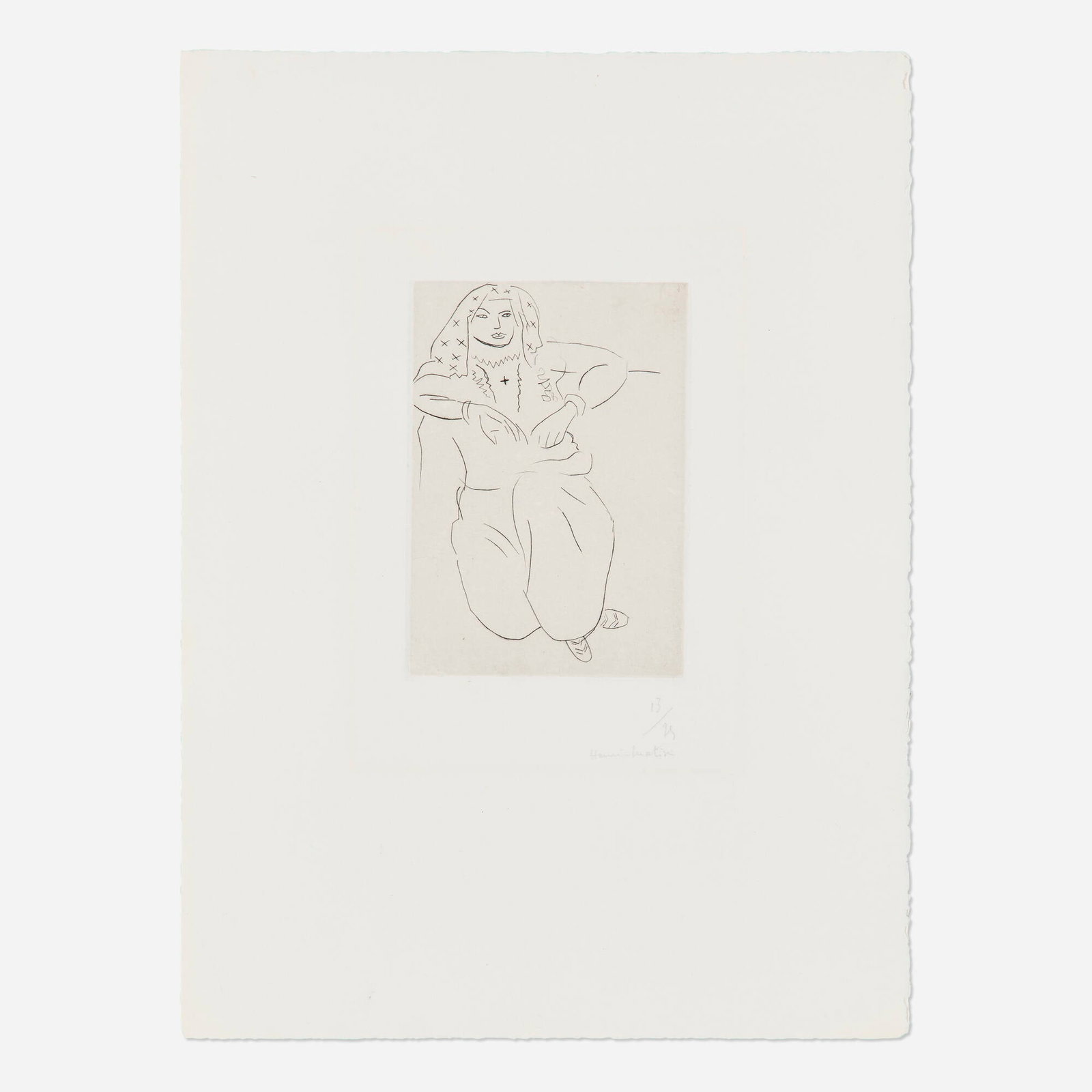 Henri Matisse, Orientale, tatouage en croix sur la poitrine: Henri Matisse Orientale, tatouage en croix sur la poitrine 1929 drypoint and Chine-colle image: 6 h x 4.25 w in (15 x 11 cm) sheet: 15 h x 11.125 w in (38 x 28 cm) Signed and numbered to low