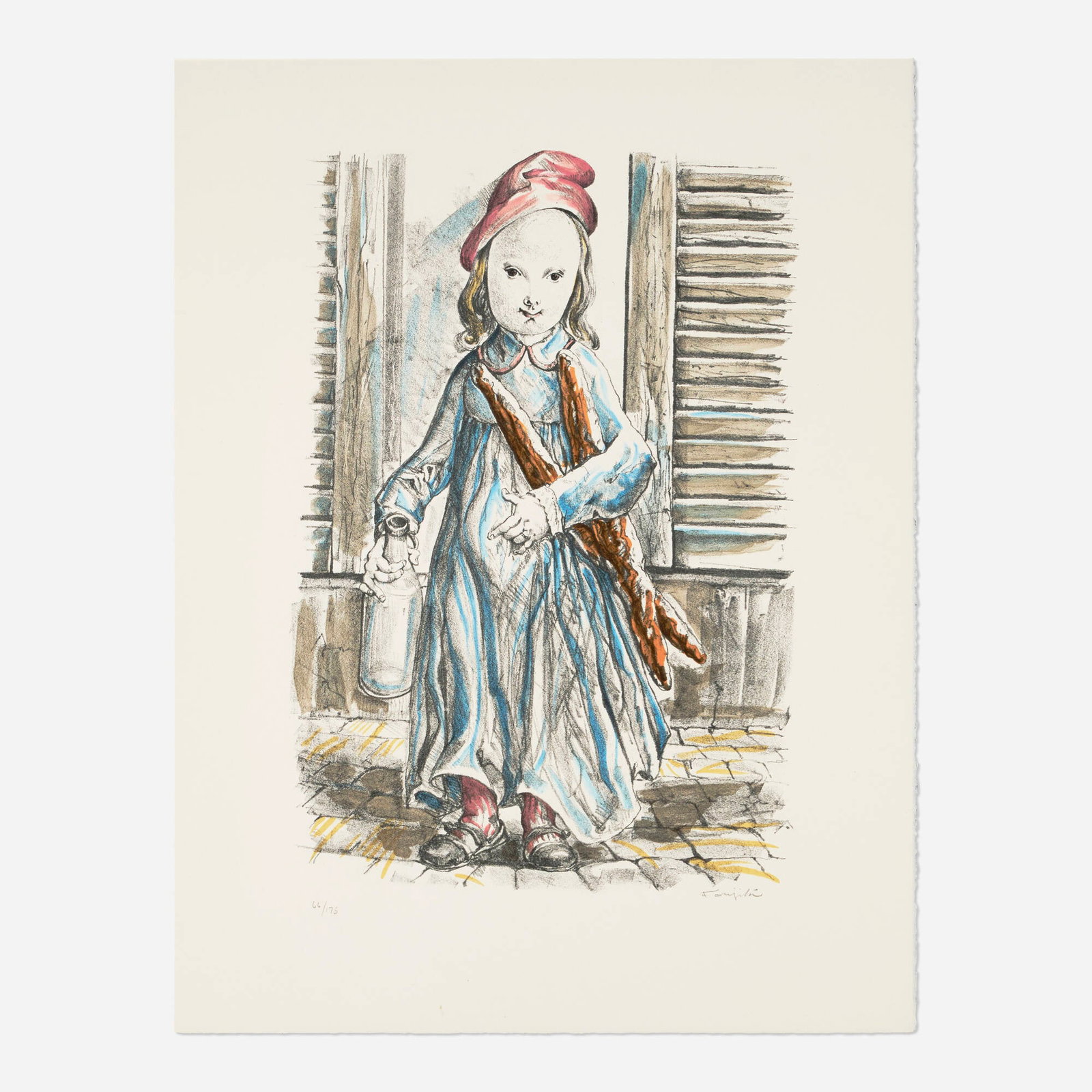 Leonard Tsuguharu Foujita, Le matin: Leonard Tsuguharu Foujita Le matin 1956 lithograph in colors image: 19.5 h x 13.25 w in (50 x 34 cm) sheet: 25.5 h x 19.5 w in (65 x 50 cm) Signed and numbered to lower edge '66/175 Foujita'