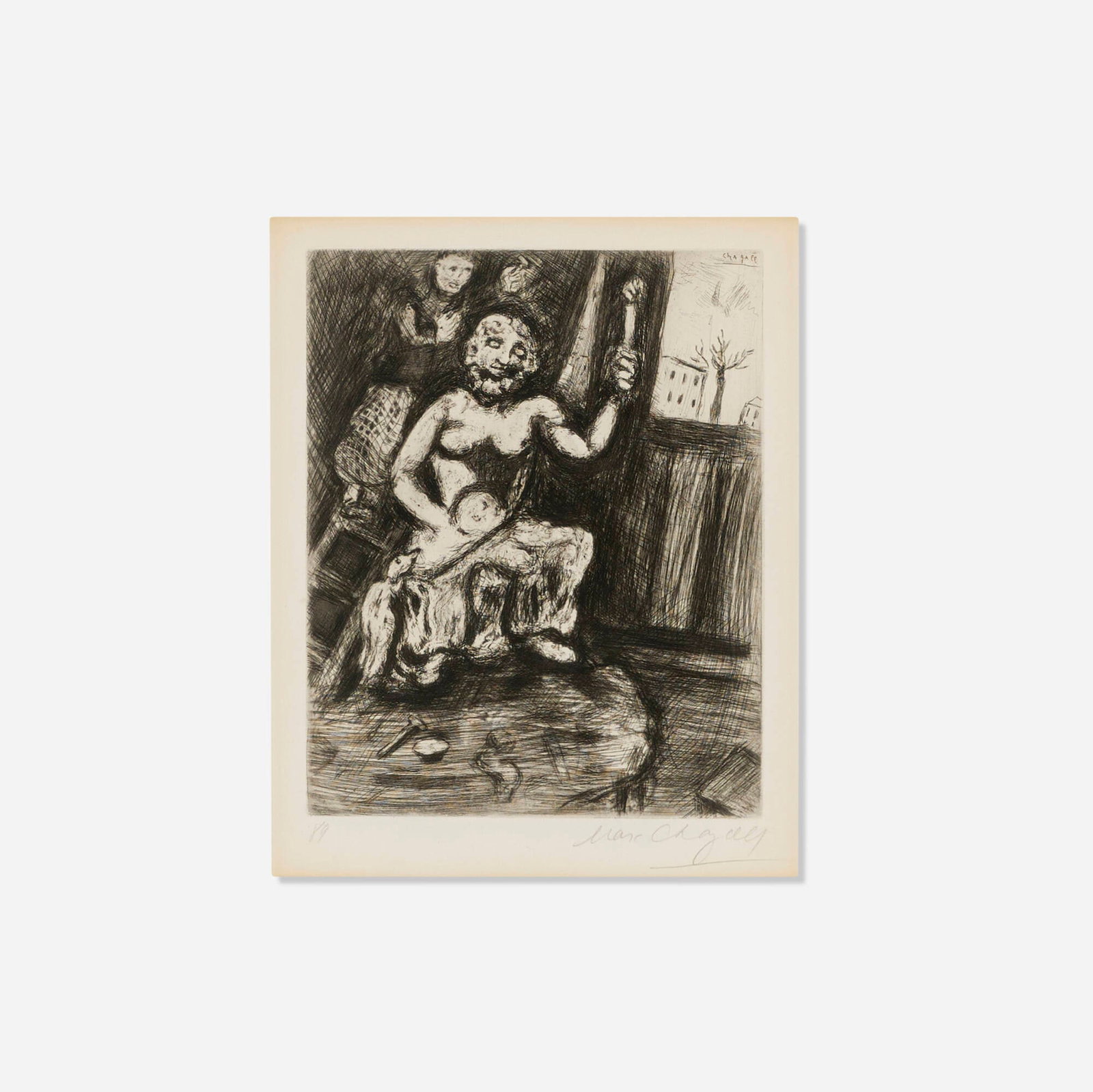 Marc Chagall, Le statuaire et la statue de Jupiter (from the Jean de La Fontaine: Fables portfolio): Marc Chagall Le statuaire et la statue de Jupiter (from the Jean de La Fontaine: Fables portfolio) 1927-30 / 1952 etching image: 11.5 h x 9 w in (29 x 23 cm) sight: 13.5 h x 10.5 w in (34 x 27 cm)<