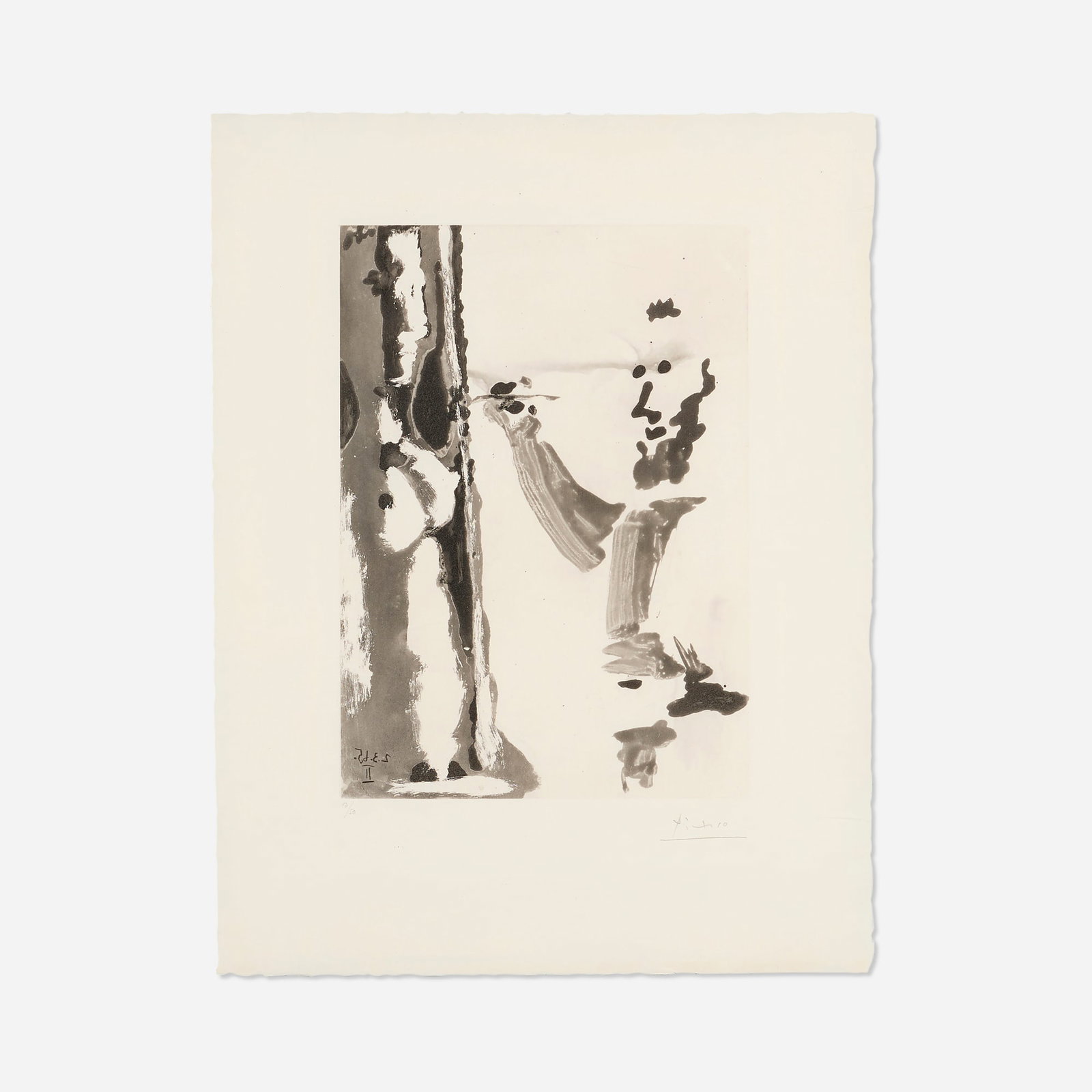 Pablo Picasso, Peintre au travail: Pablo Picasso Peintre au travail 1966 aquatint on Richard de Bas image: 15 h x 10.5 w in (38 x 27 cm) sheet: 22.5 h x 17.25 w in (57 x 44 cm) Signed and numbered to lower edge '47/50 Pi