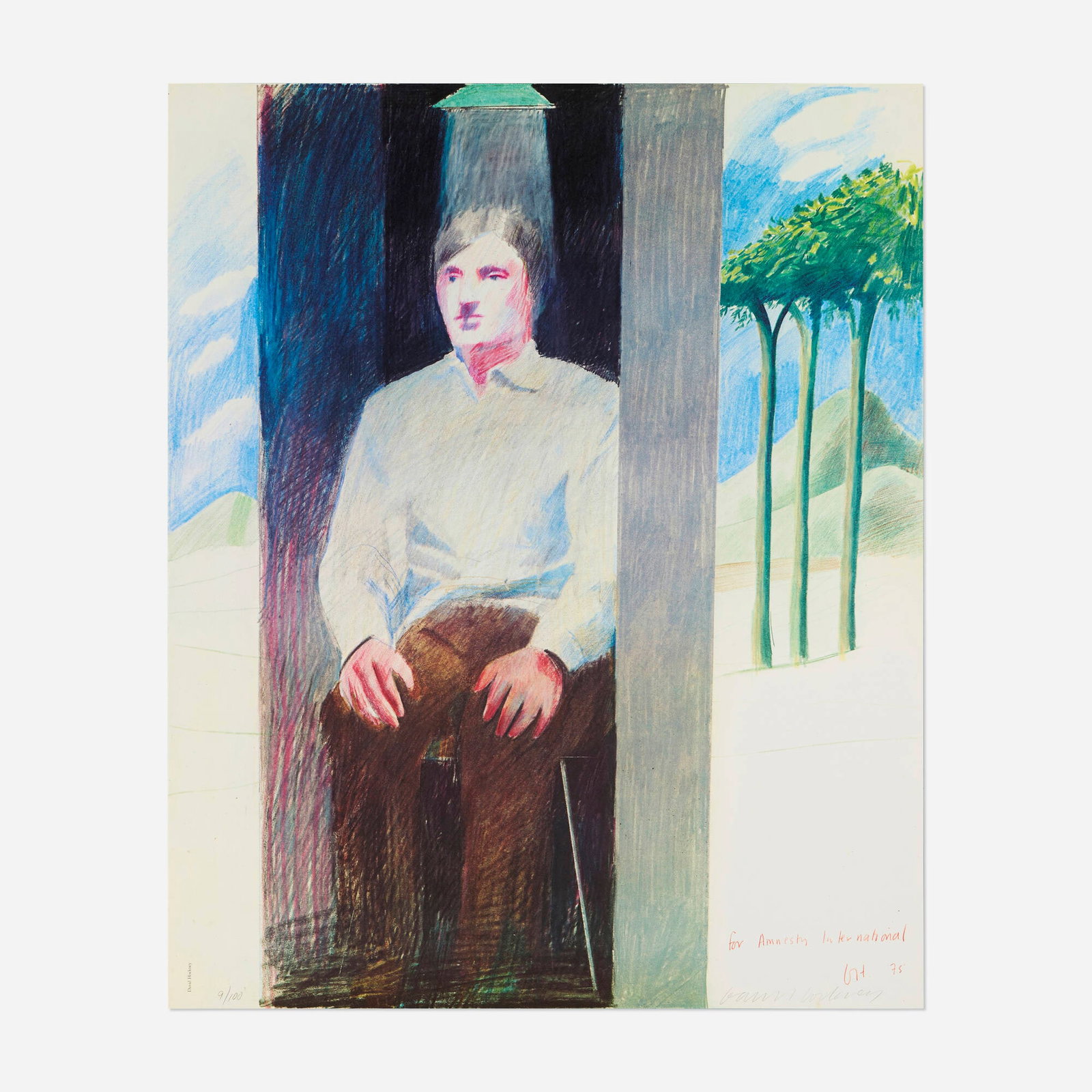 David Hockney, Prisoner, for Amnesty International: David Hockney Prisoner, for Amnesty International 1975 / 1977 offset lithograph in colors 29 h x 23.625 w in (74 x 60 cm) Proceeds from this sale will benefit The Kota Alliance, a women centere