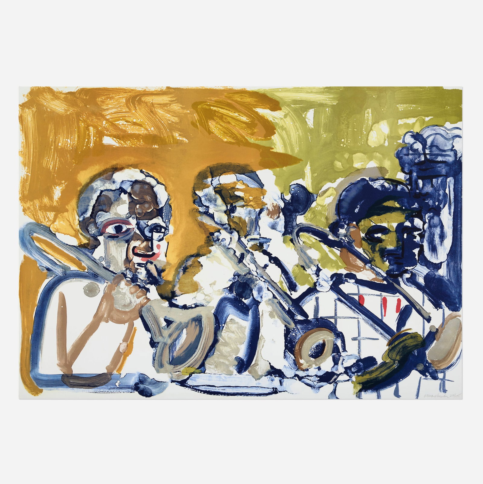 Romare Bearden, Brass Section (Jamming at Minton's) (from the Jazz Series): Romare Bearden Brass Section (Jamming at Minton's) (from the Jazz Series) 1979 lithograph in colors on Arches 23.875 h x 33.375 w in (61 x 85 cm) Signed and numbered to lower right 'Romare