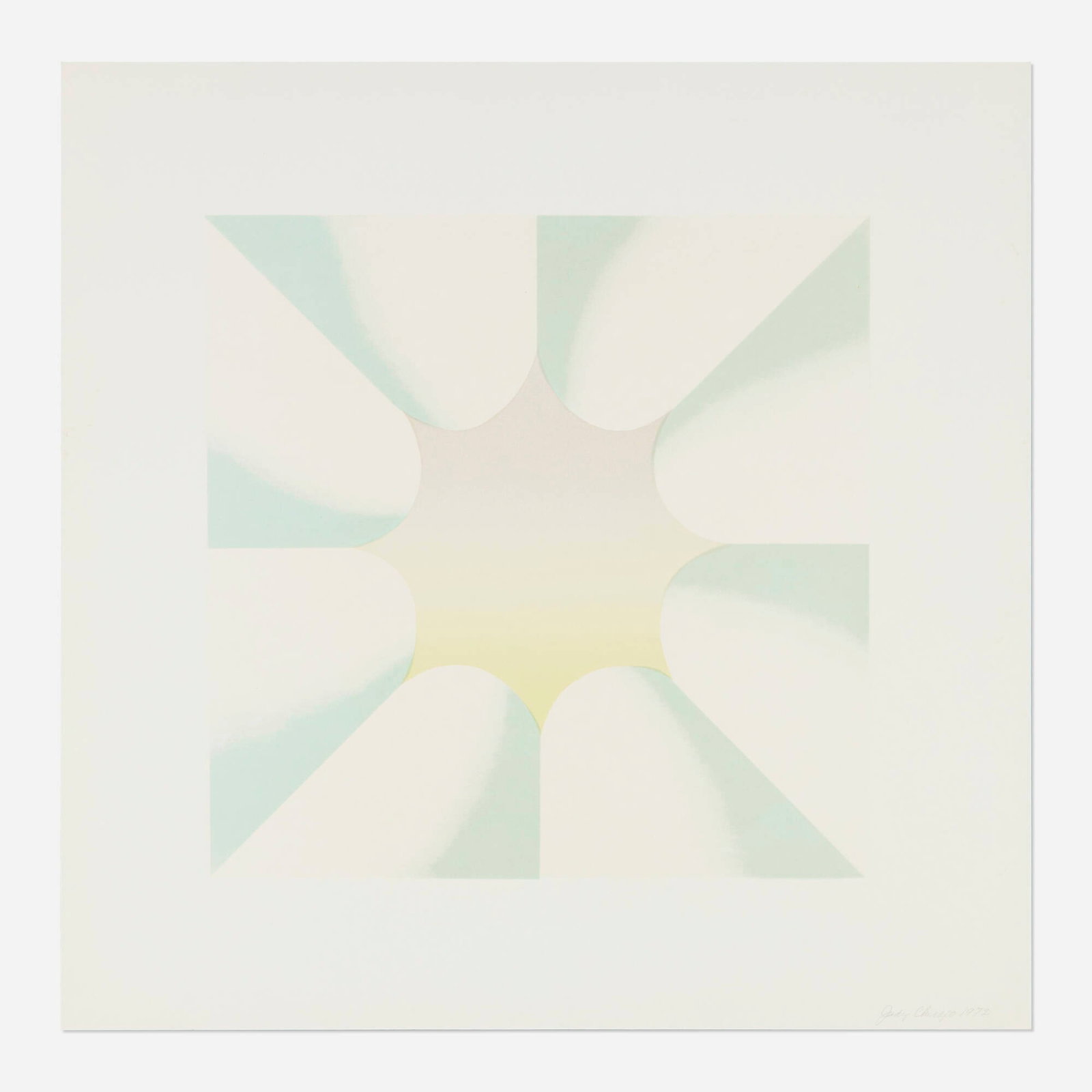 Judy Chicago, Through the Flower Twice (II): Judy Chicago Through the Flower Twice (II) 1972 lithograph in colors image: 15 h x 14.875 w in (38 x 38 cm) sheet: 21.875 h x 21.875 w in (56 x 56 cm) Signed and dated to lower right 'J